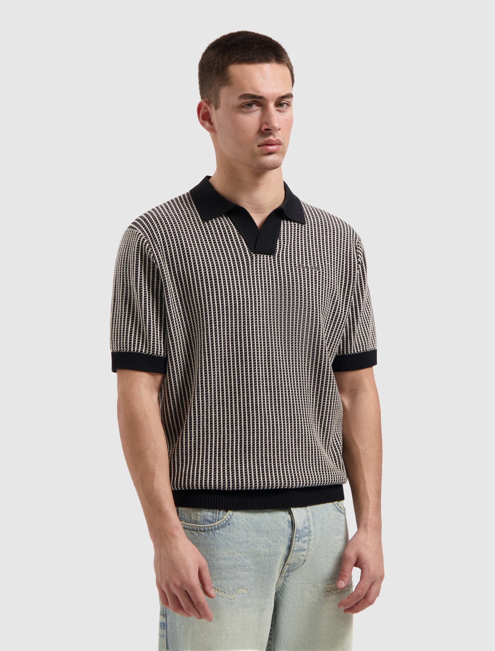 Ladder Stitch Knit Polo | Black