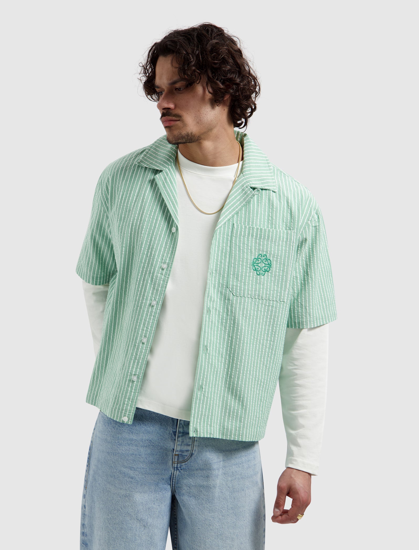 Striped Seersucker Shortsleeve Shirt | Emerald