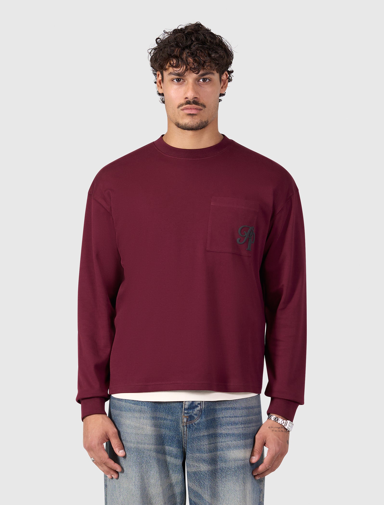 Inititials Pocket Longsleeve T-shirt | Wine Red
