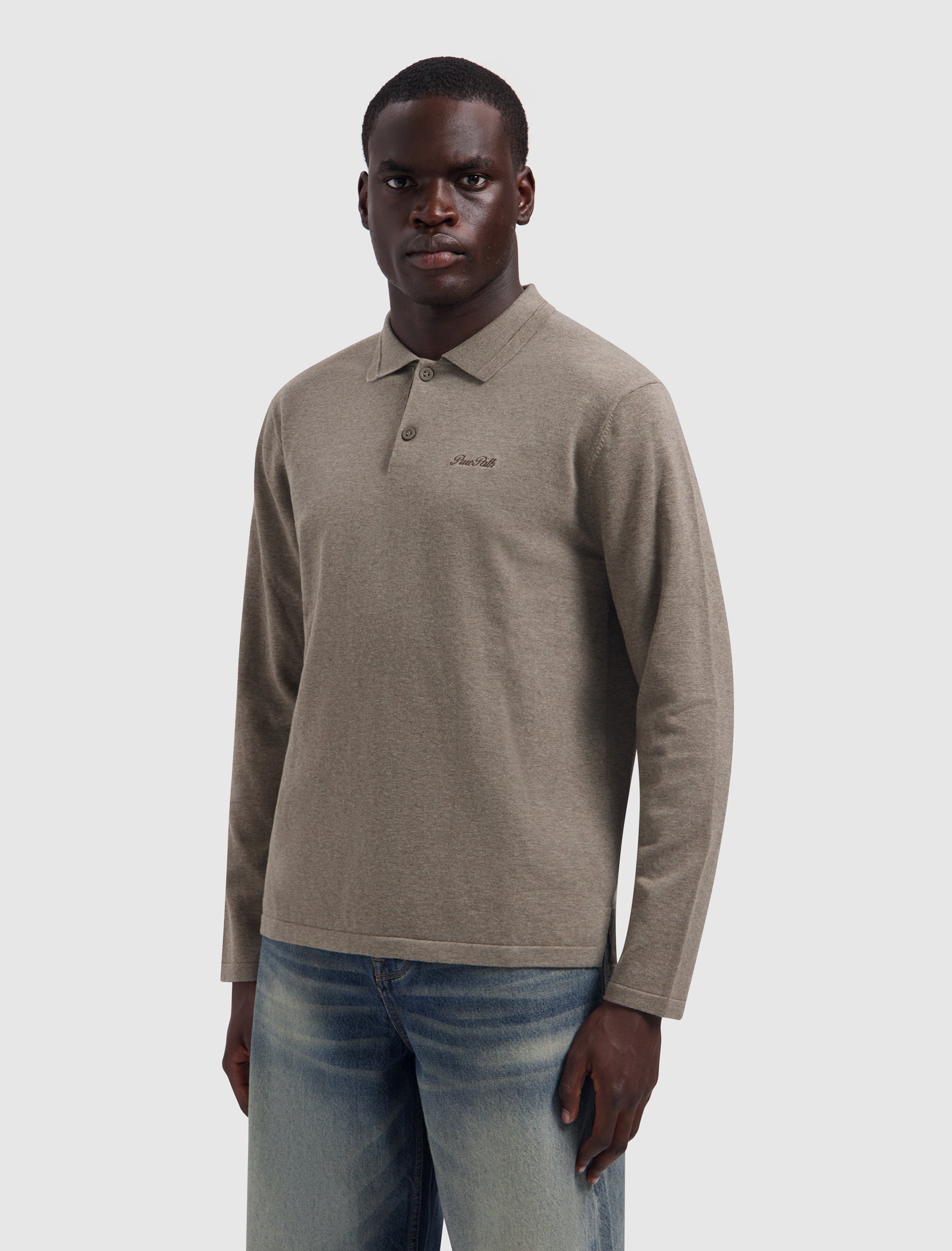 Flat Knit Longsleeve Polo | Taupe Melange
