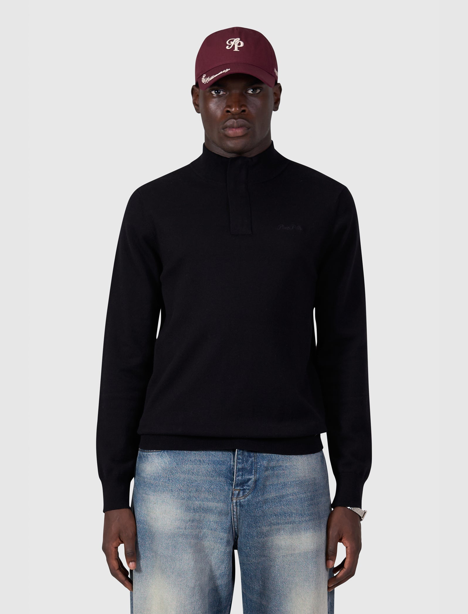 Flat Knit Hidden Half-zip Sweater | Black