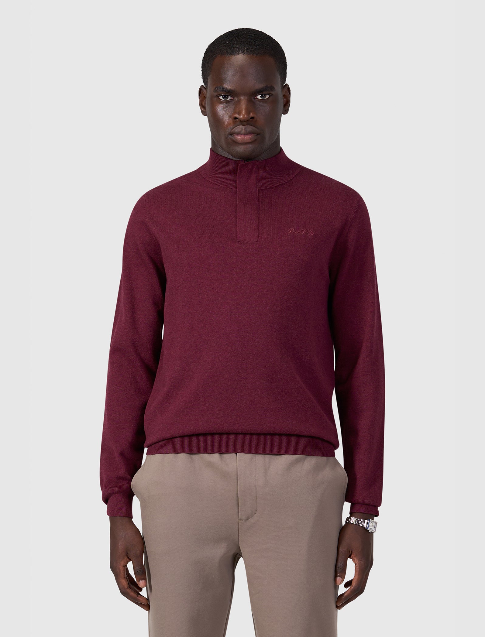 Flat Knit Hidden Half-zip Sweater | Wine Red