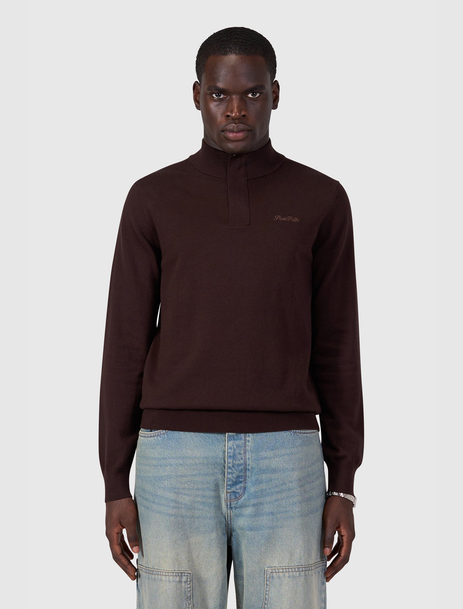 Flat Knit Hidden Half-zip Sweater | Dark Brown