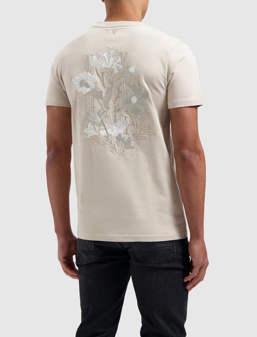 Floral Embroidery Back Print T-shirt | Sand