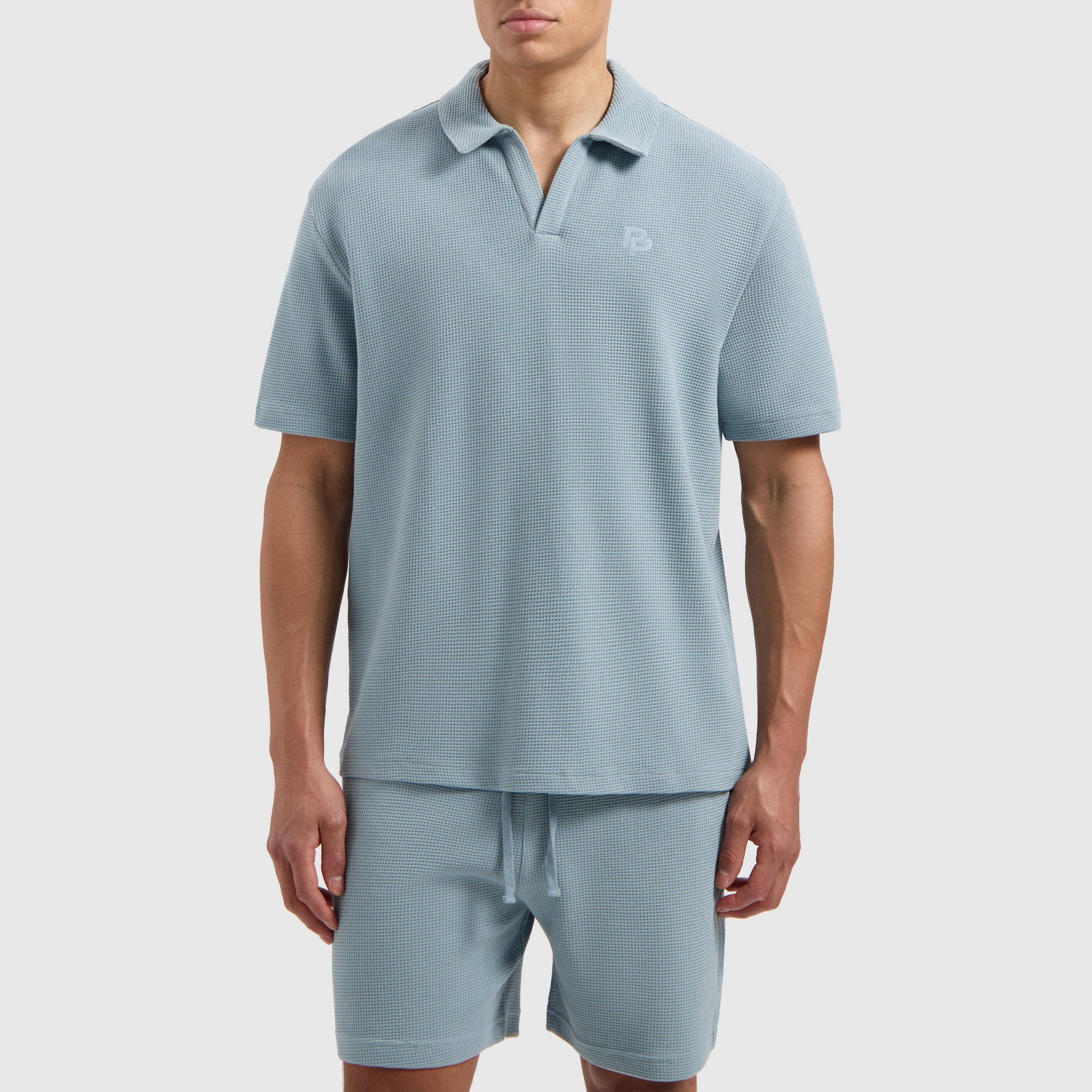 Initials Waffle Polo | Blue Grey