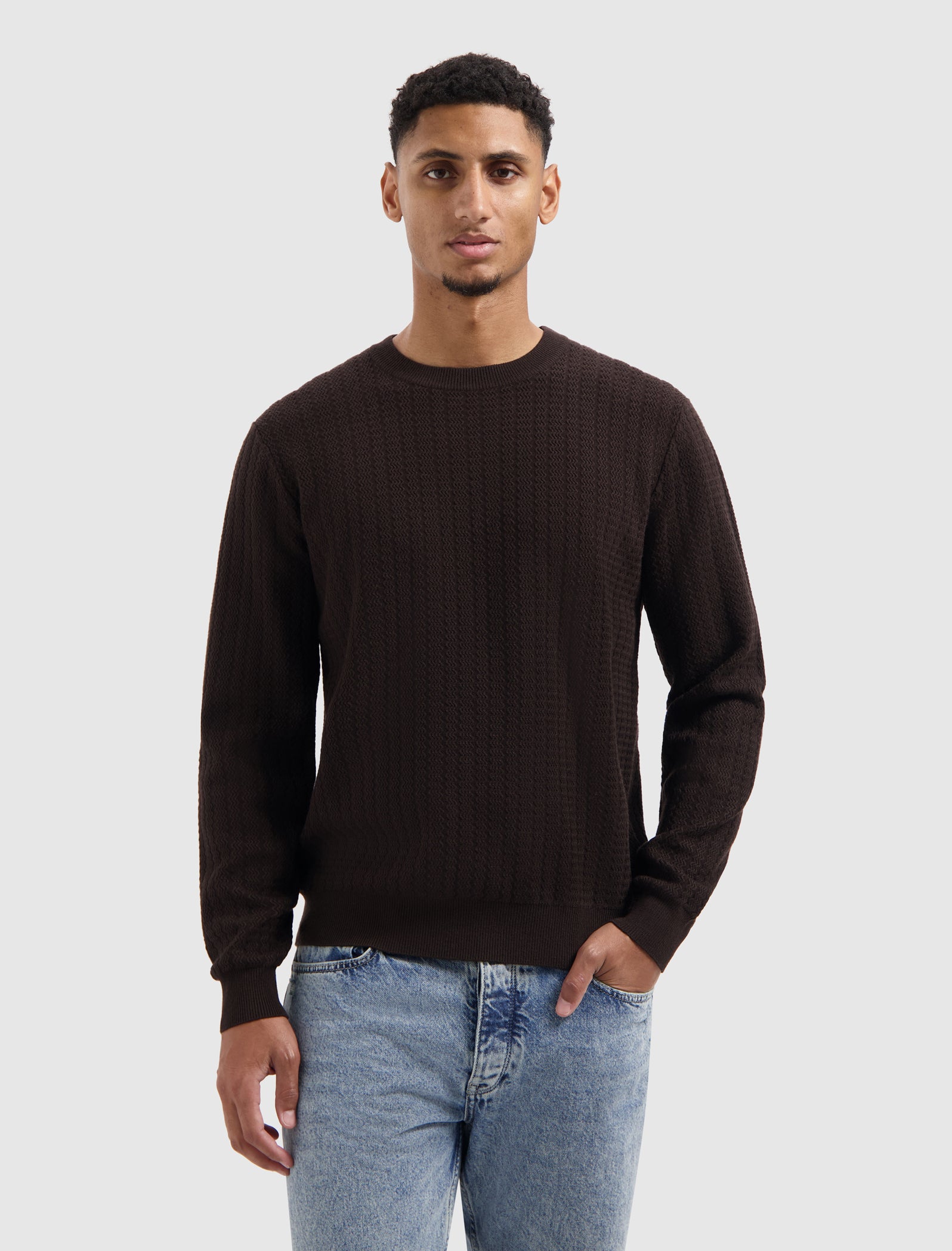 Jacquard Structure Knit Sweater | Dark Brown