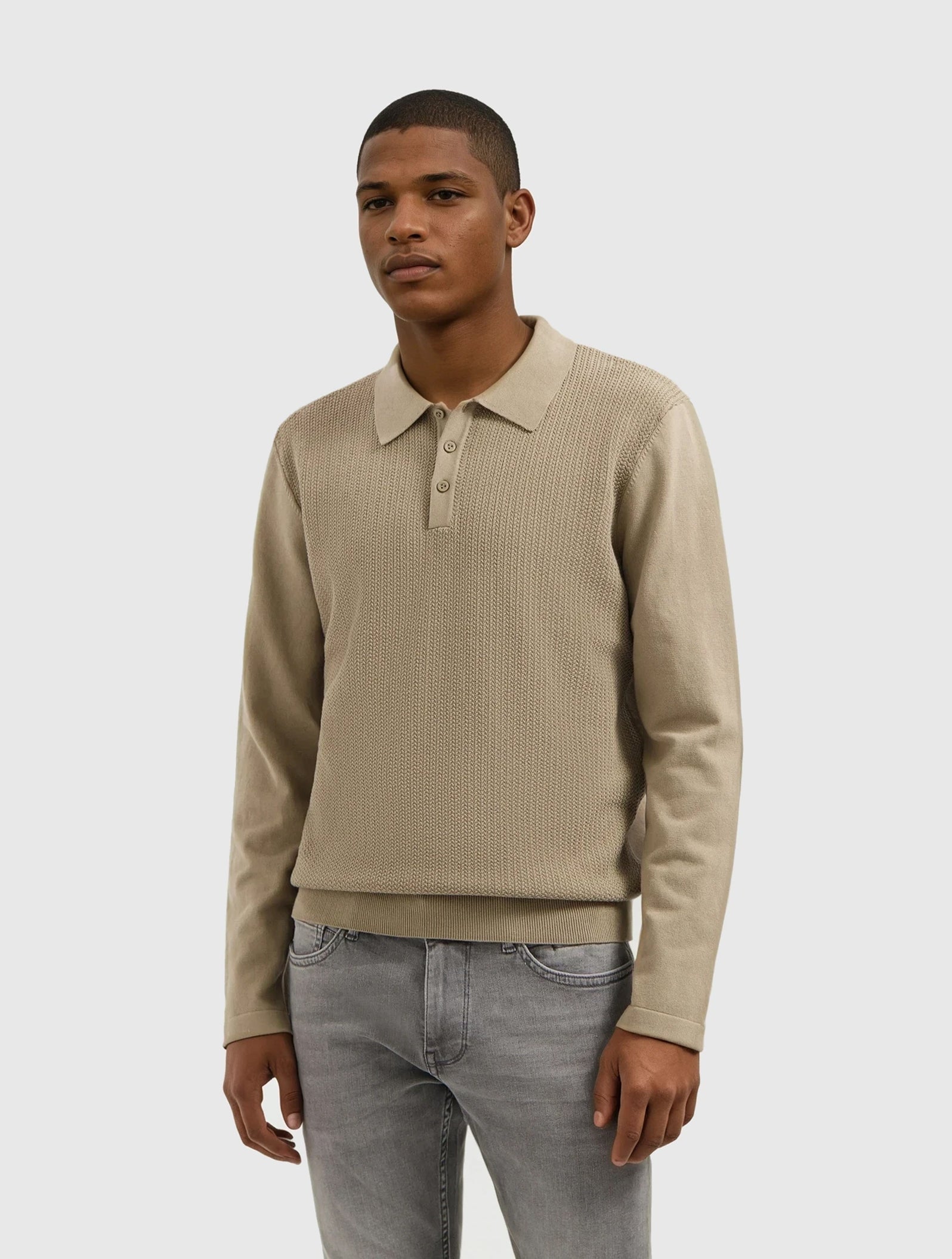 Braided Structure Knit Polo | Taupe