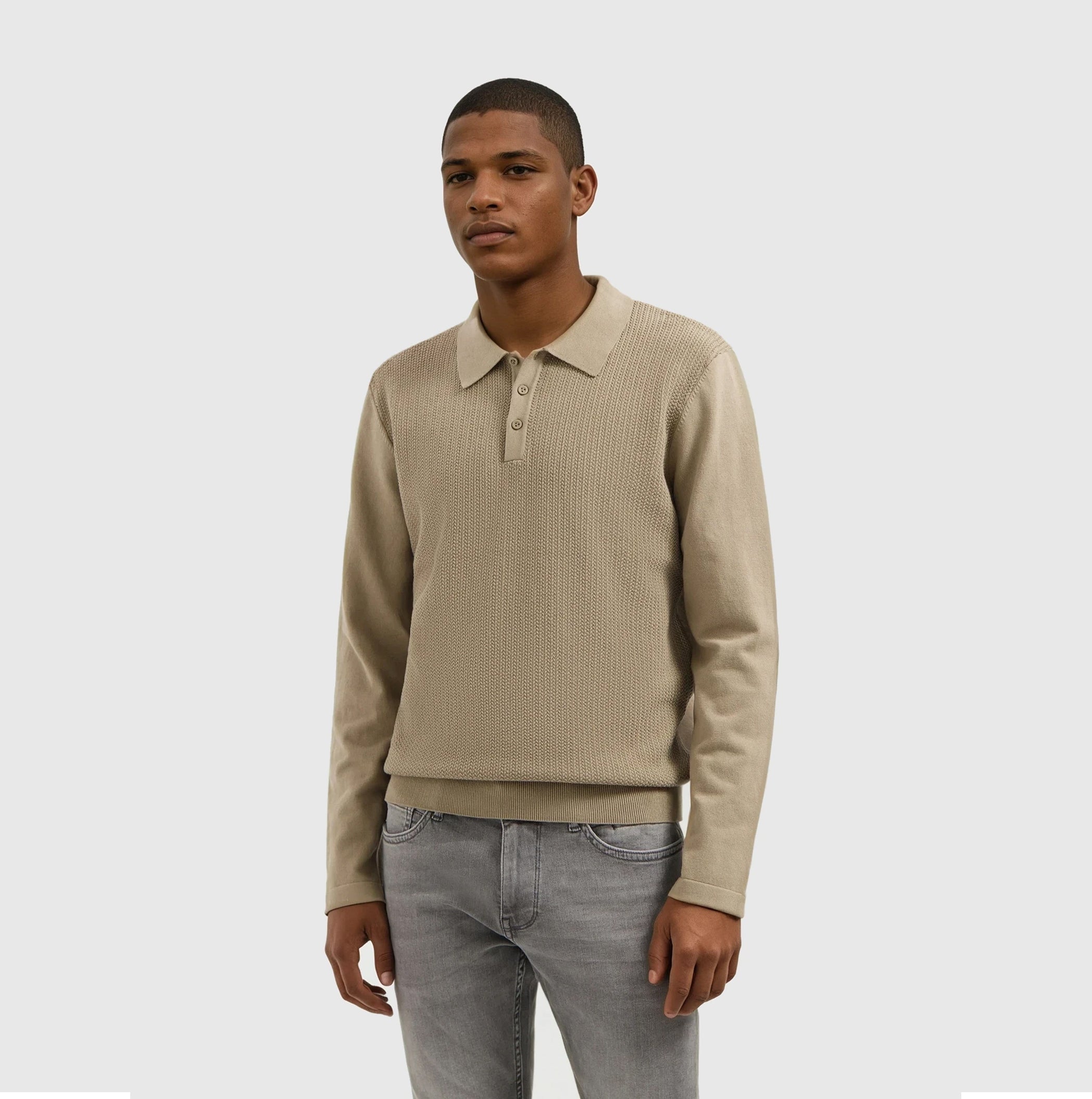 Braided Structure Knit Polo | Taupe