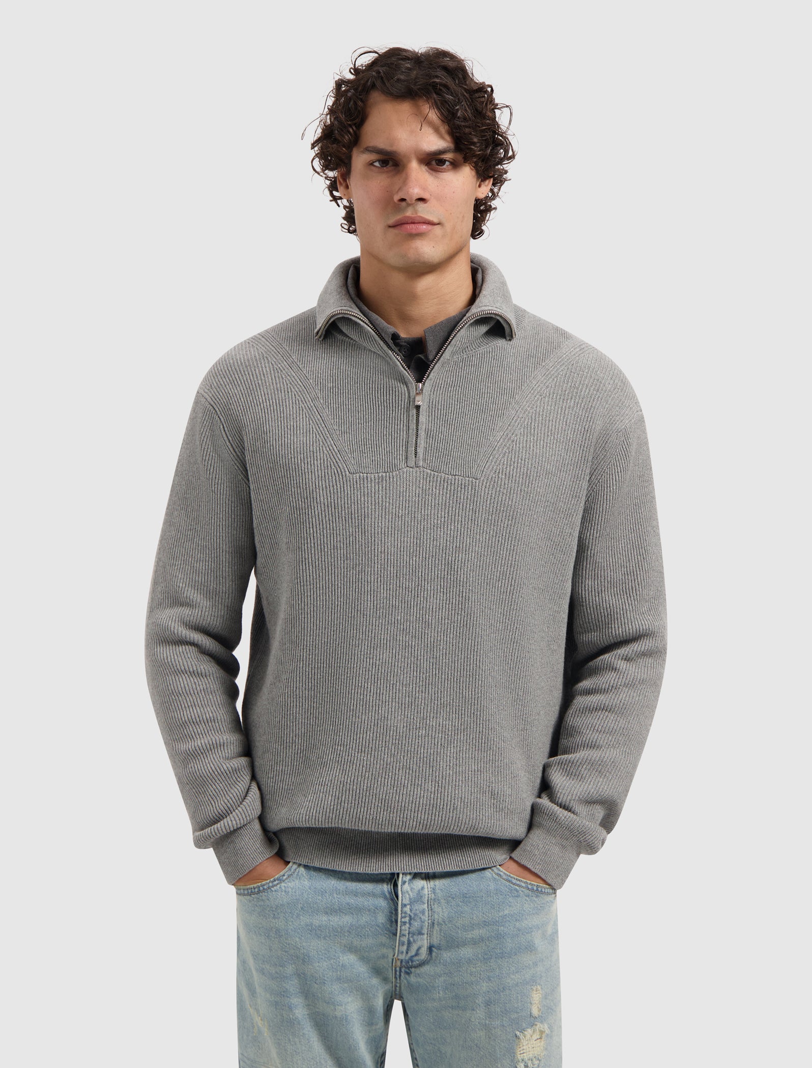 Rib Knit Half-zip Sweater | Grey Melange