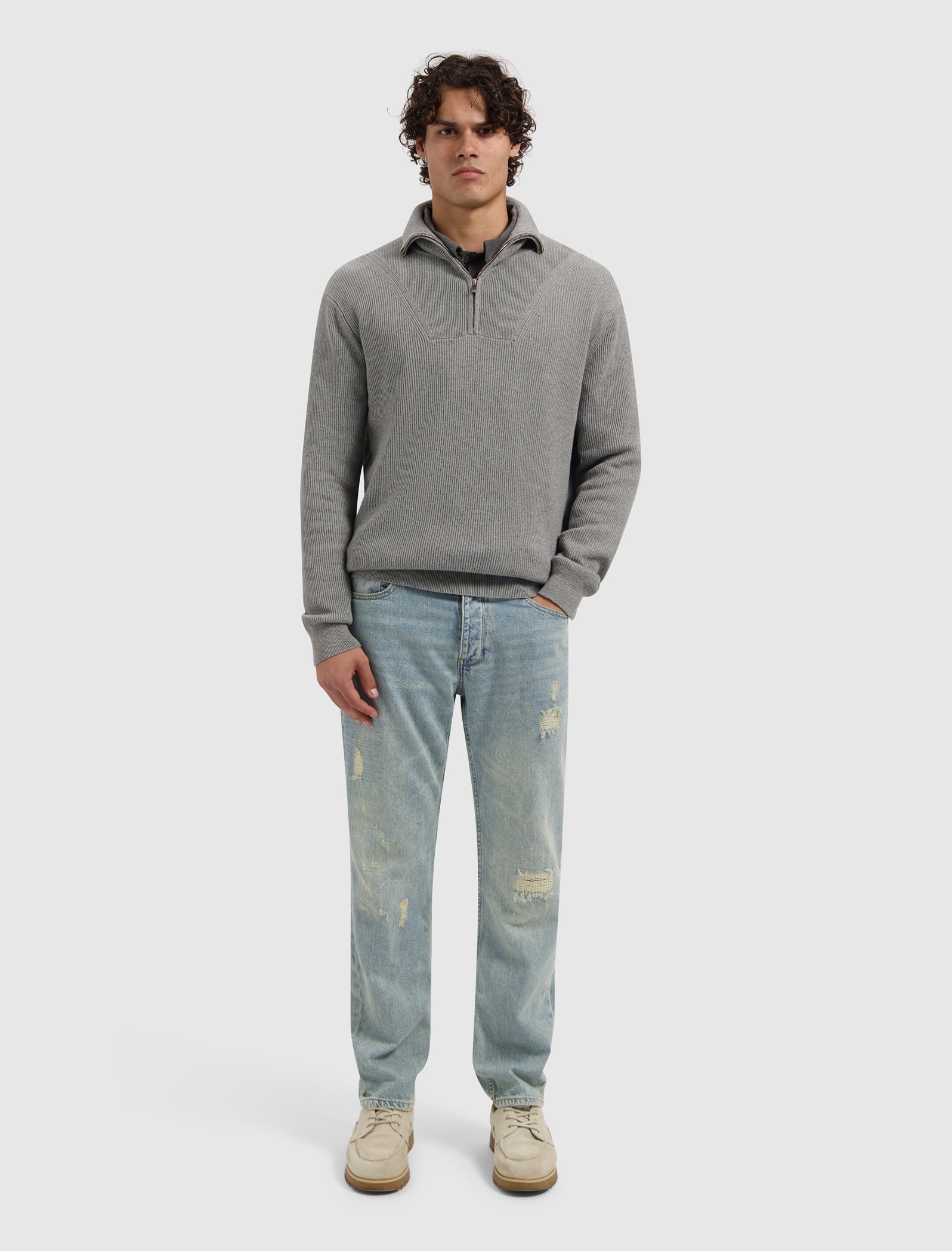 Rib Knit Half-zip Sweater | Grey Melange