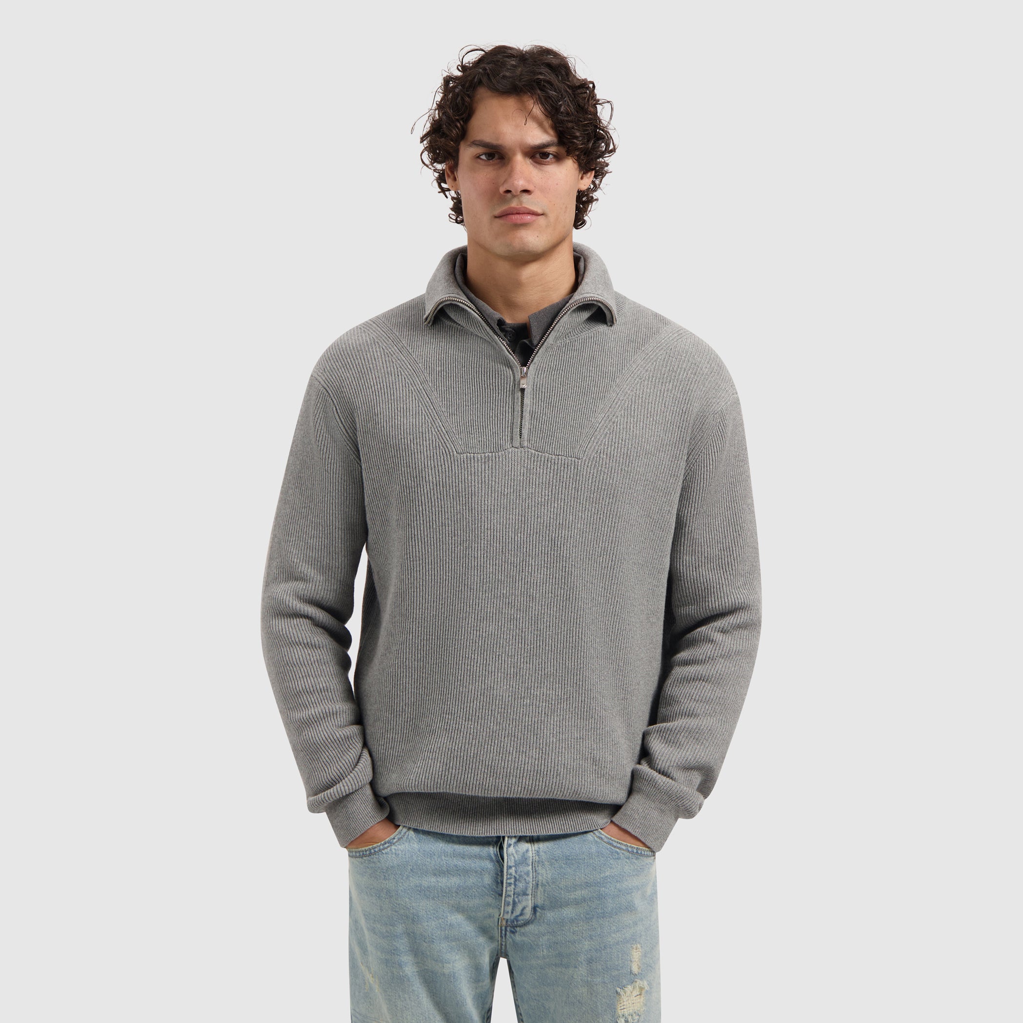 Rib Knit Half-zip Sweater | Grey Melange