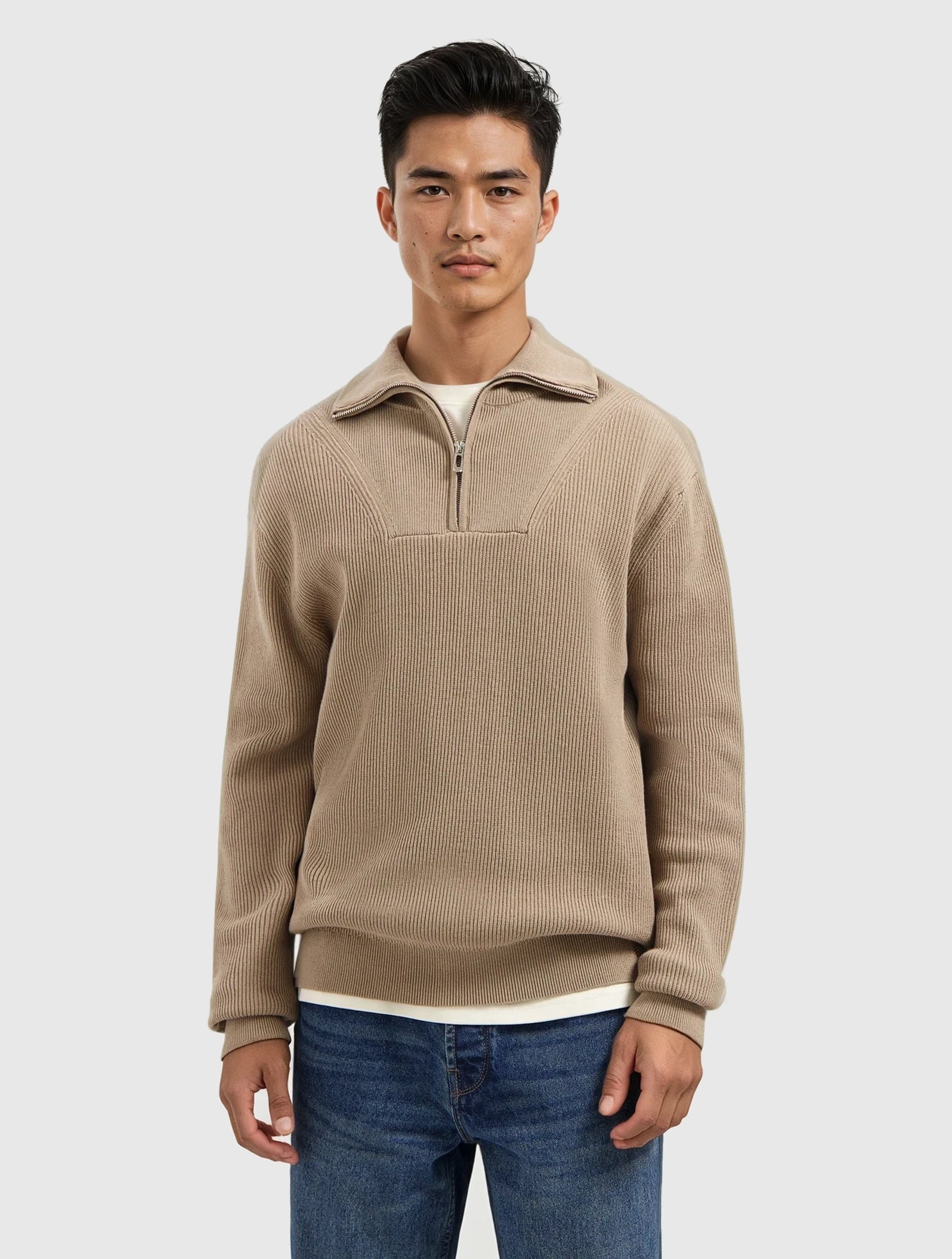 Rib Knit Half-zip Sweater | Taupe