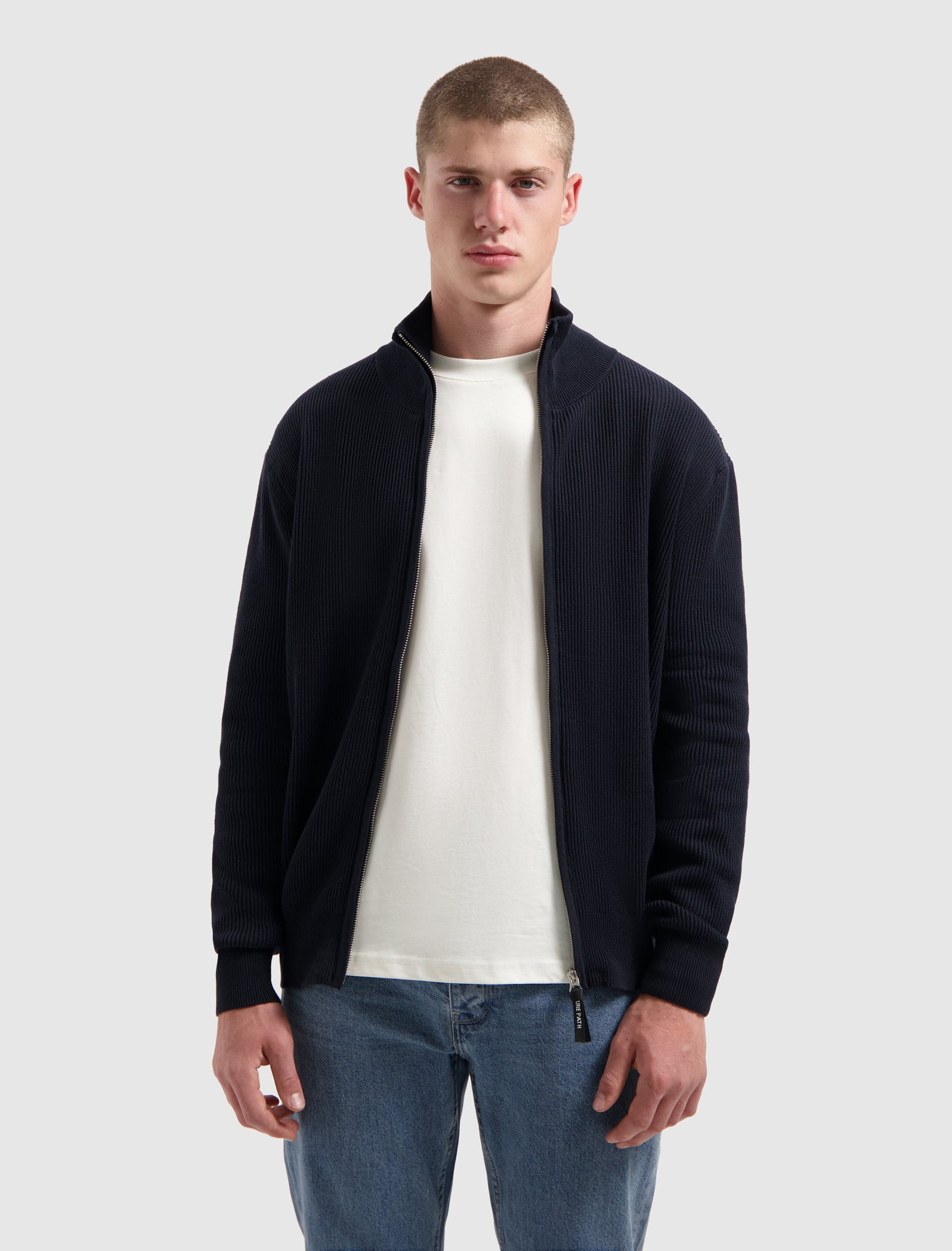 Rib Knit Full-zip Cardigan | Dark Navy