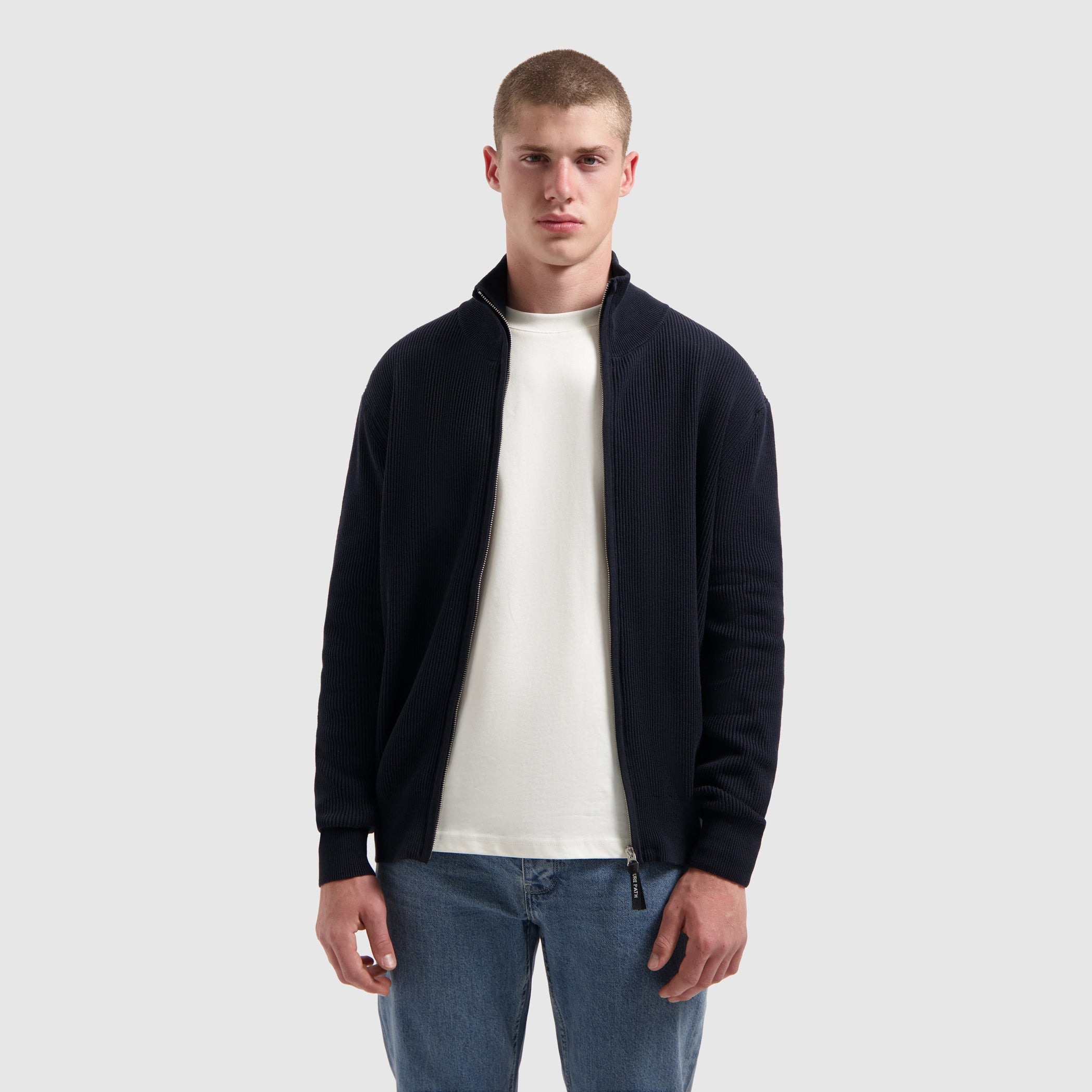 Rib Knit Full-zip Cardigan | Dark Navy