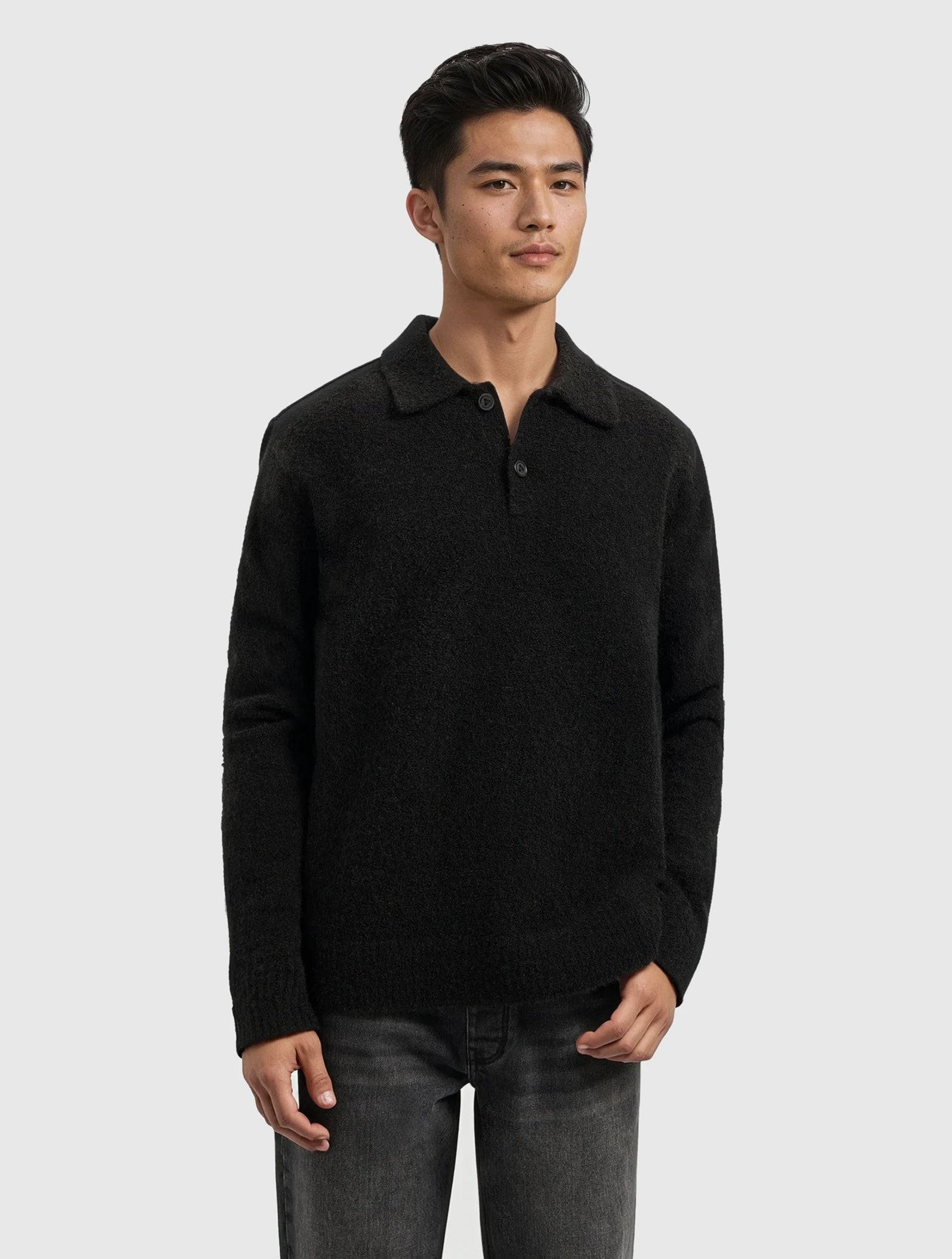 Bouclé Knit Polo | Black