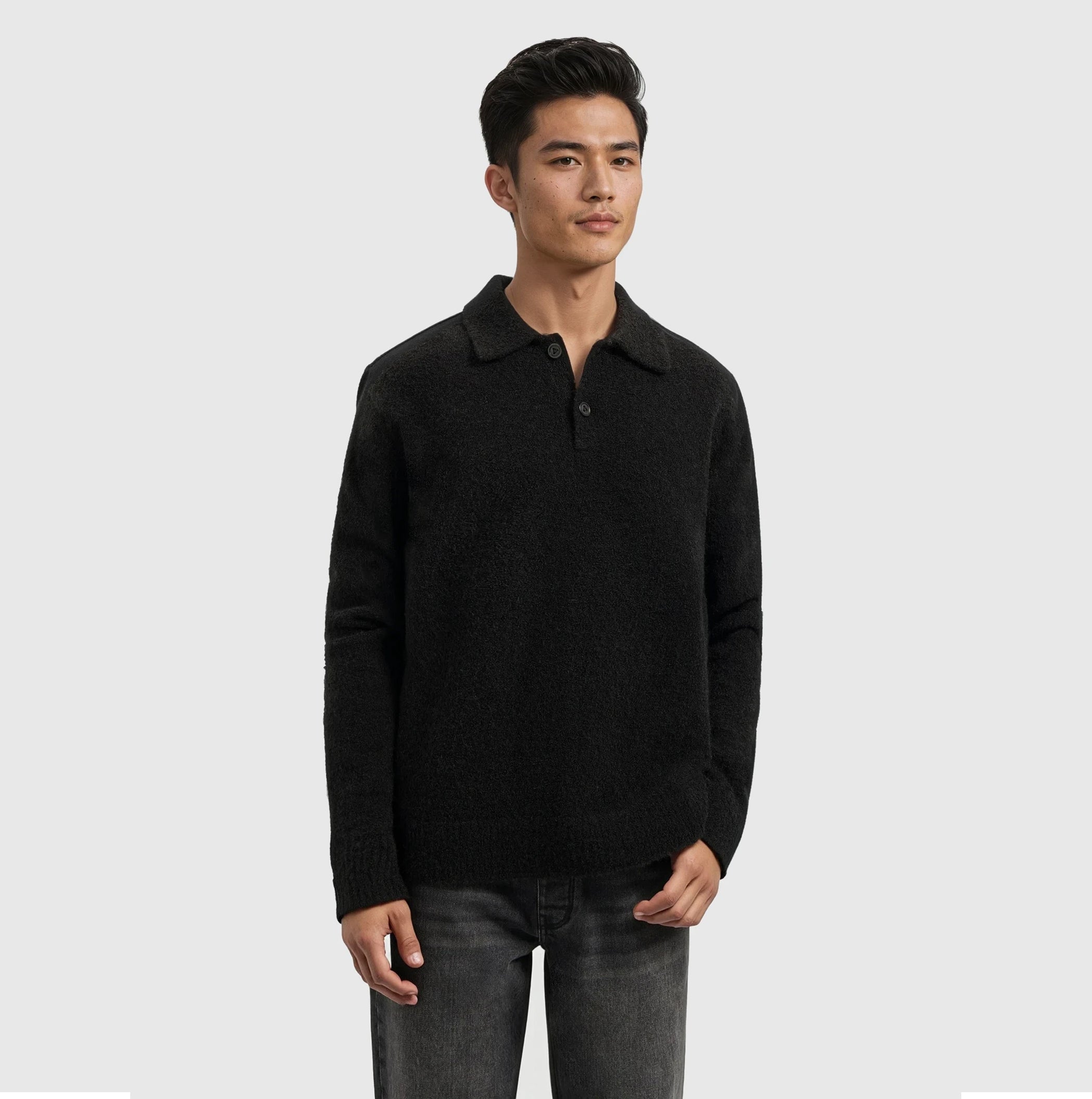 Bouclé Knit Polo | Black