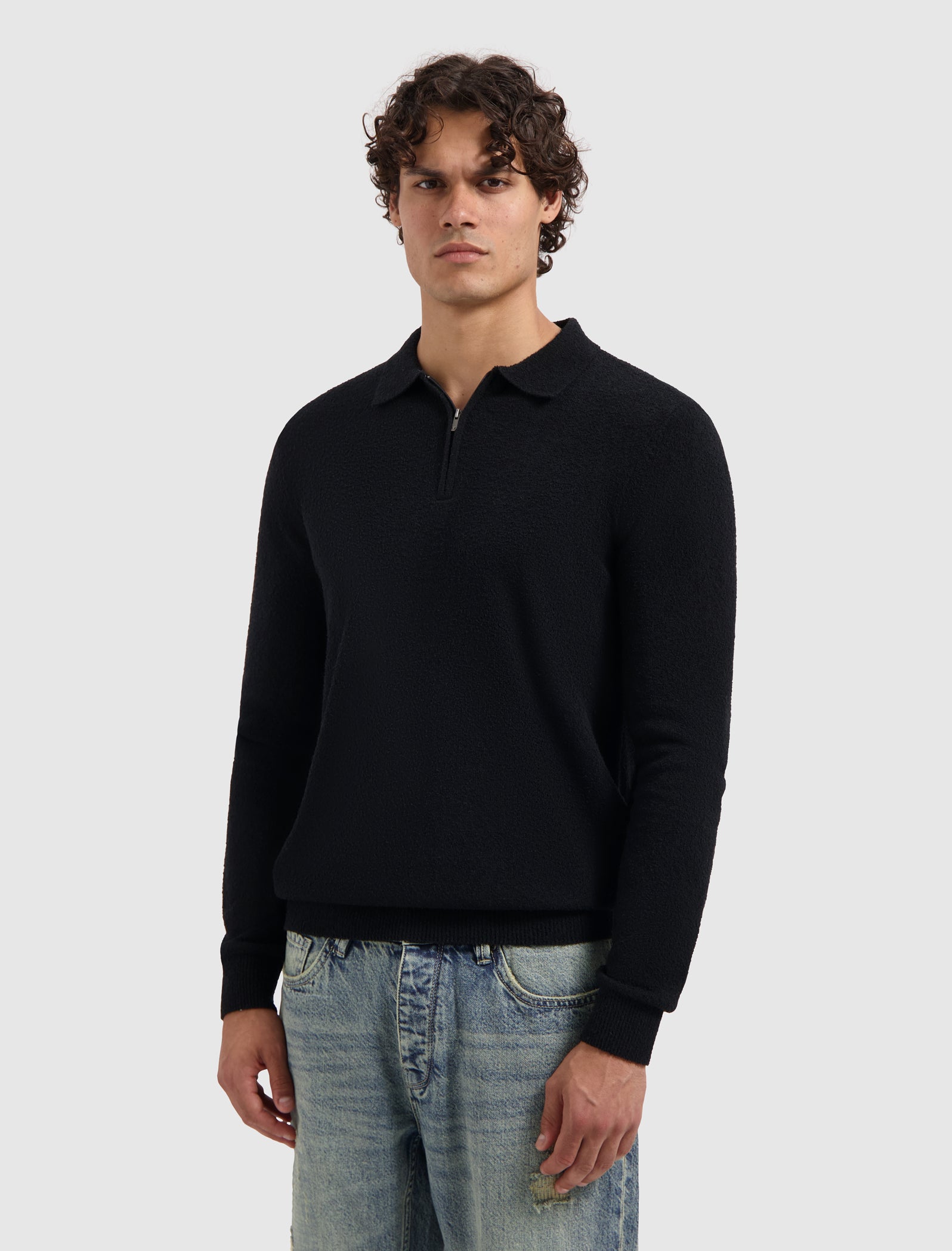 Bouclé Knit Half-zip Polo | Black