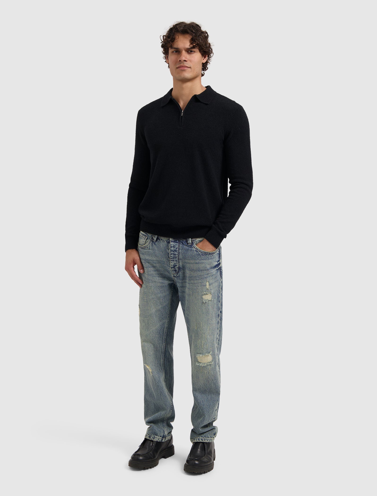 Bouclé Knit Half-zip Polo | Black