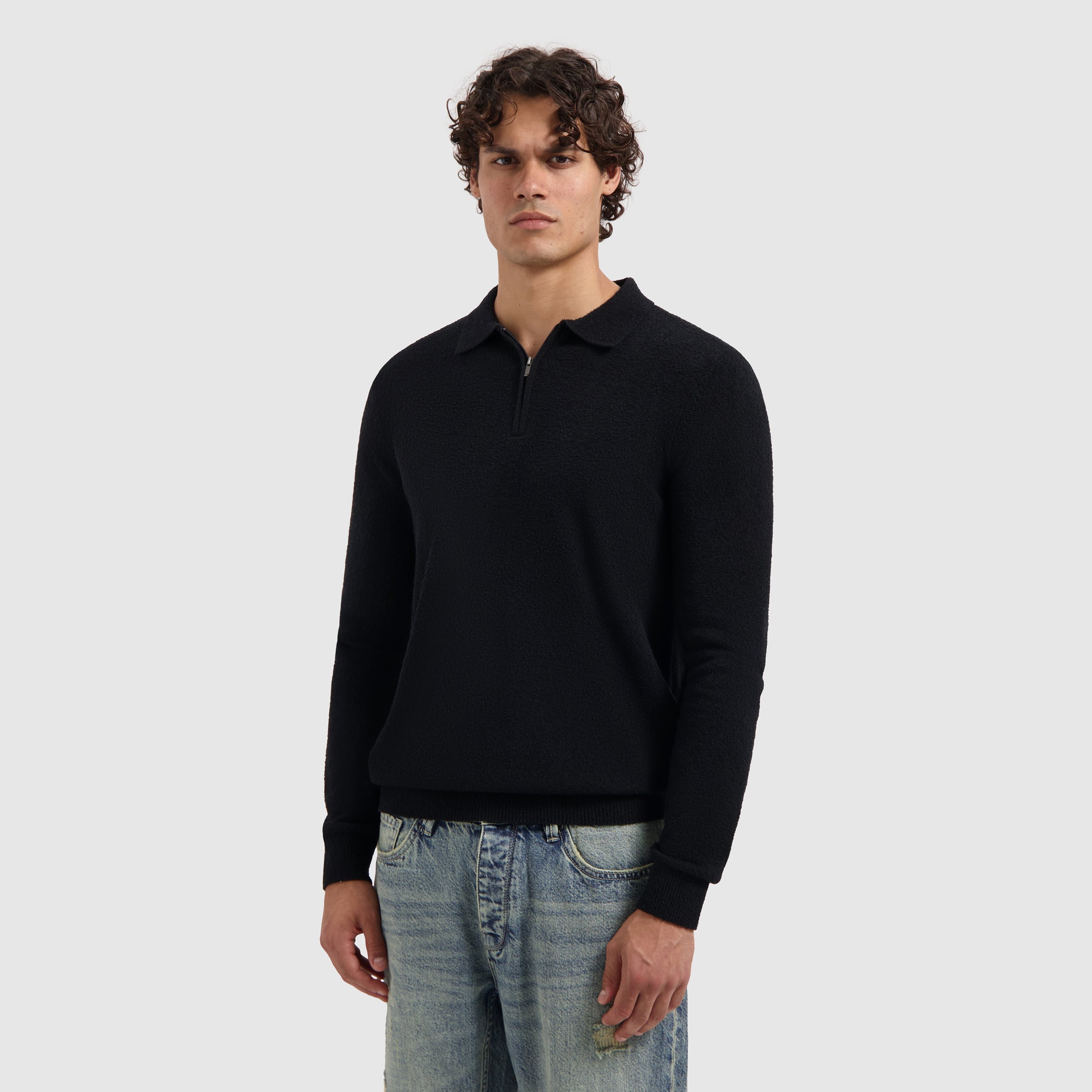 Bouclé Knit Half-zip Polo | Black