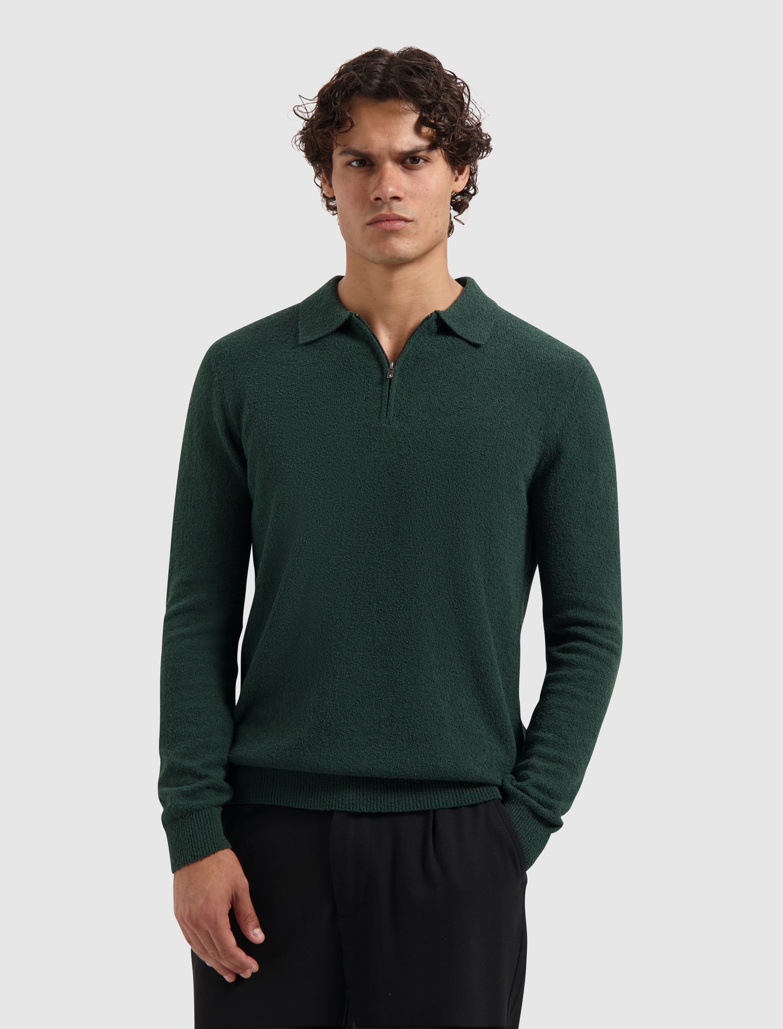 Bouclé Knit Half-zip Polo | Dark Green