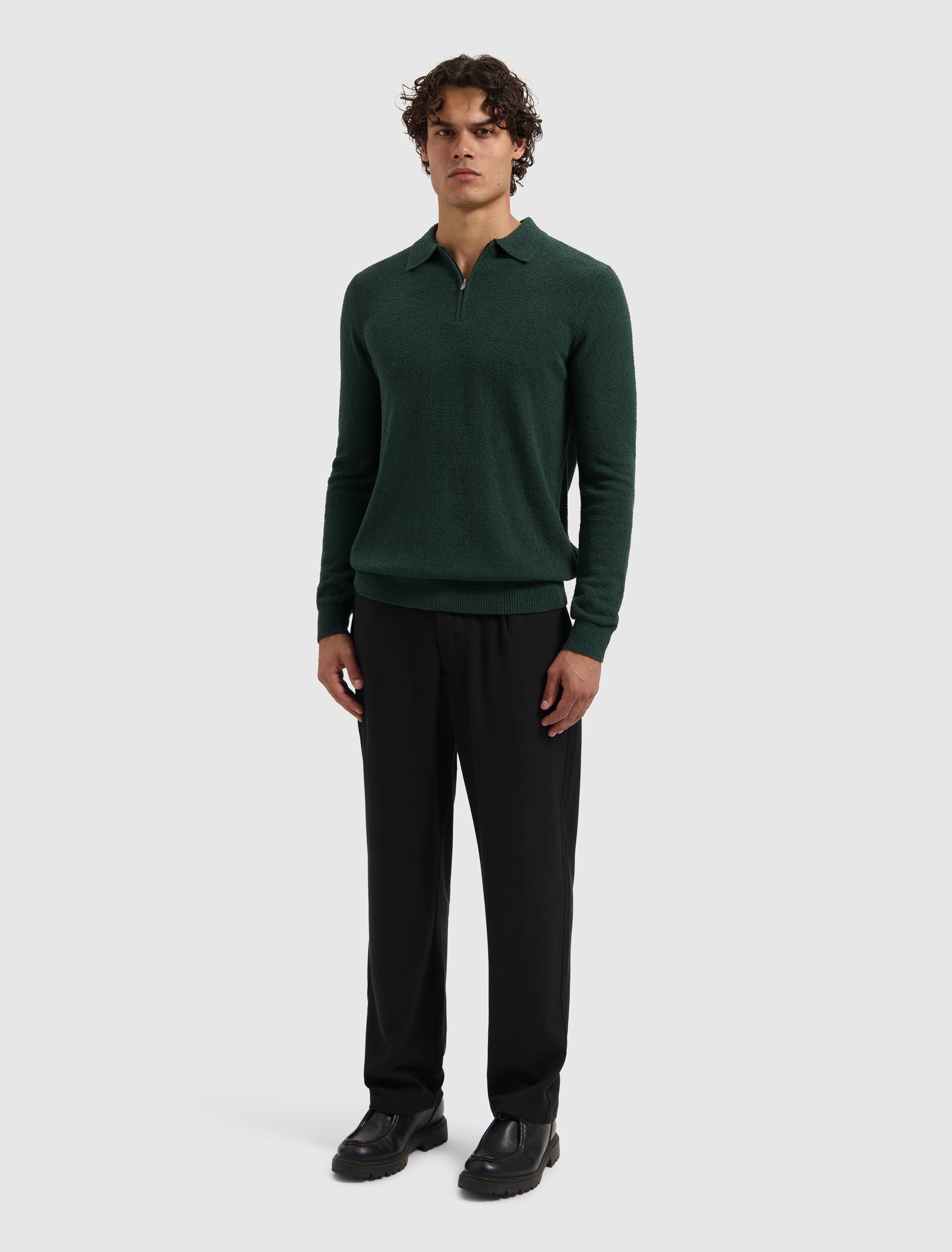 Bouclé Knit Half-zip Polo | Dark Green