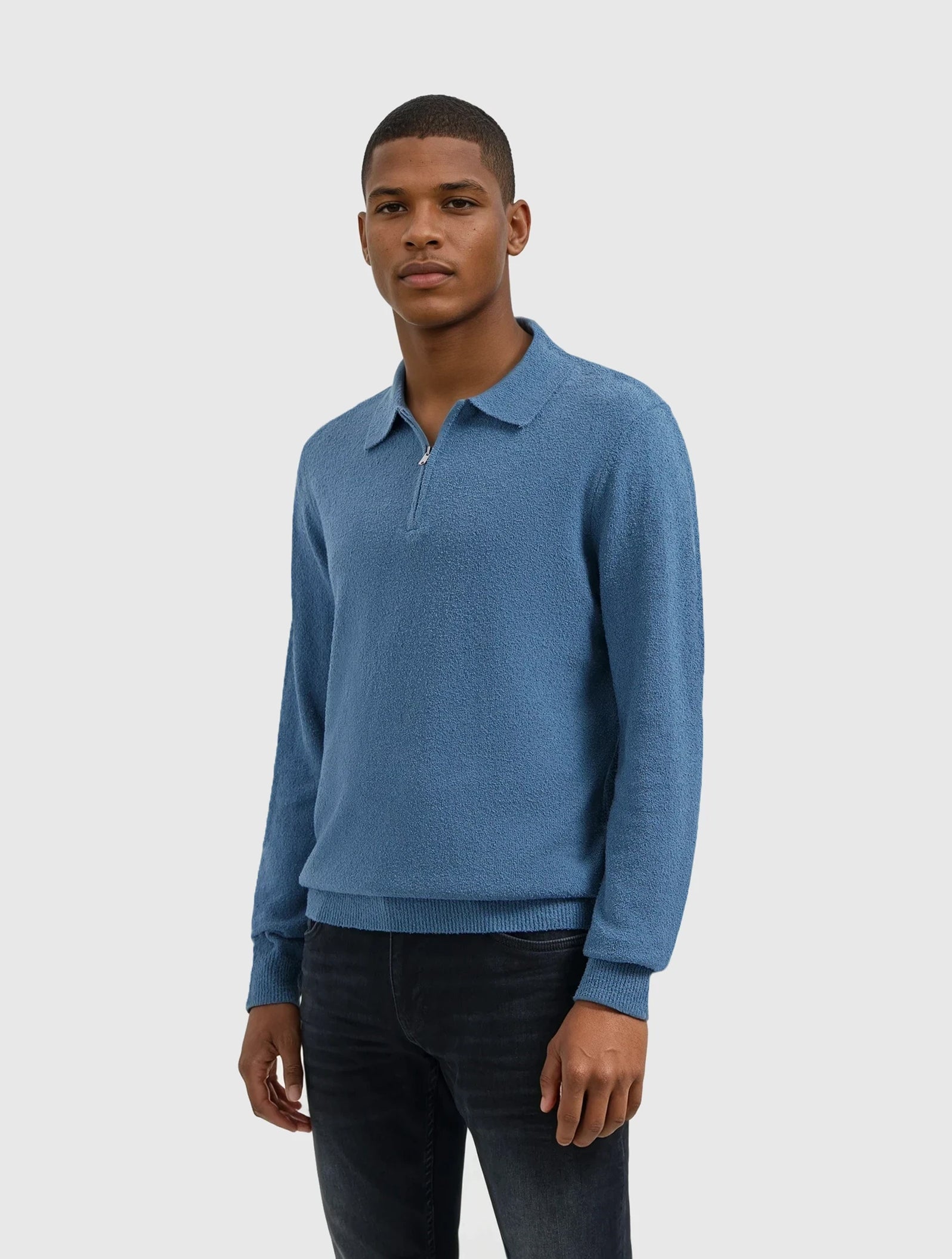 Bouclé Knit Half-zip Polo | Blue Grey