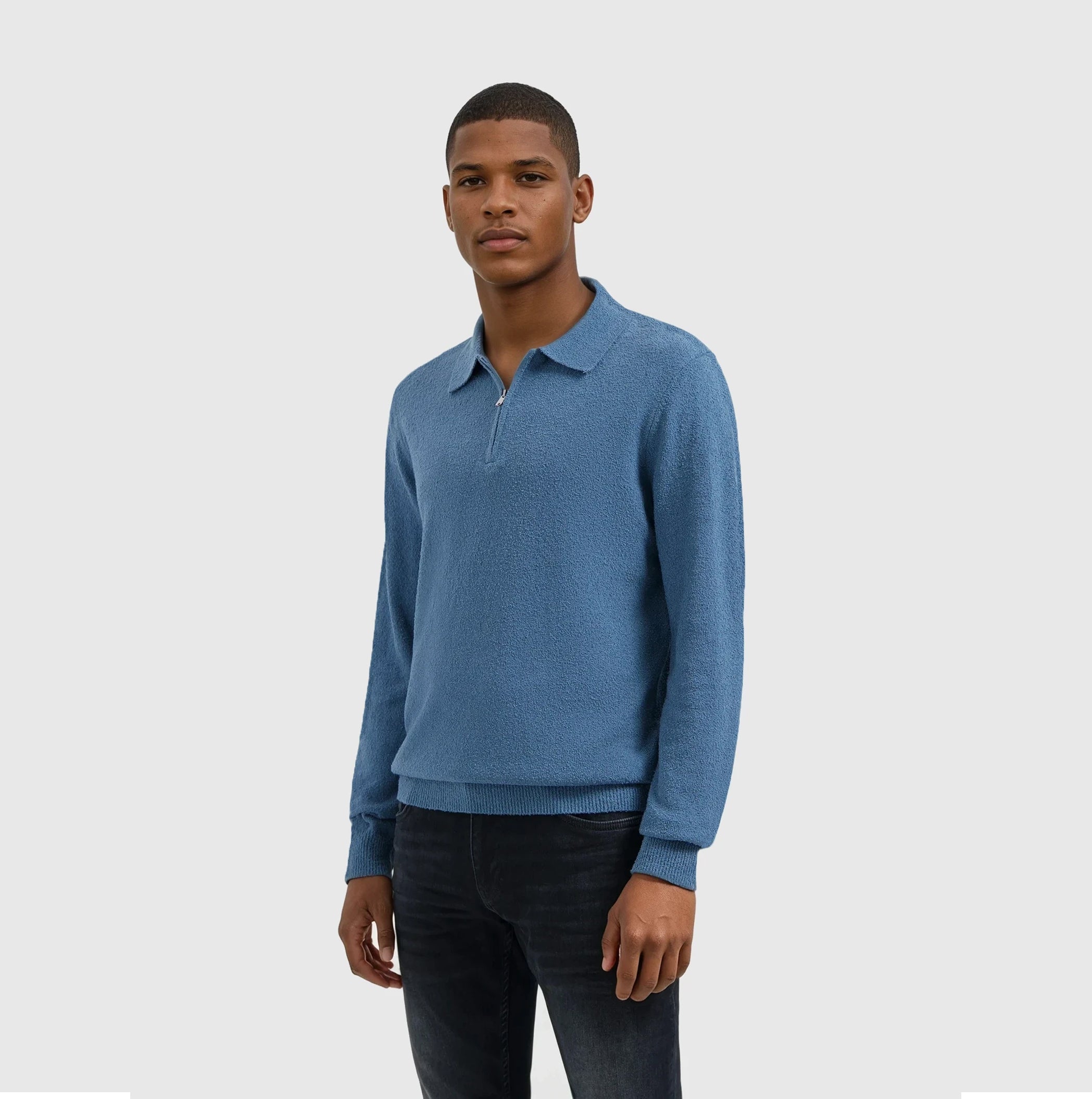 Bouclé Knit Half-zip Polo | Blue Grey