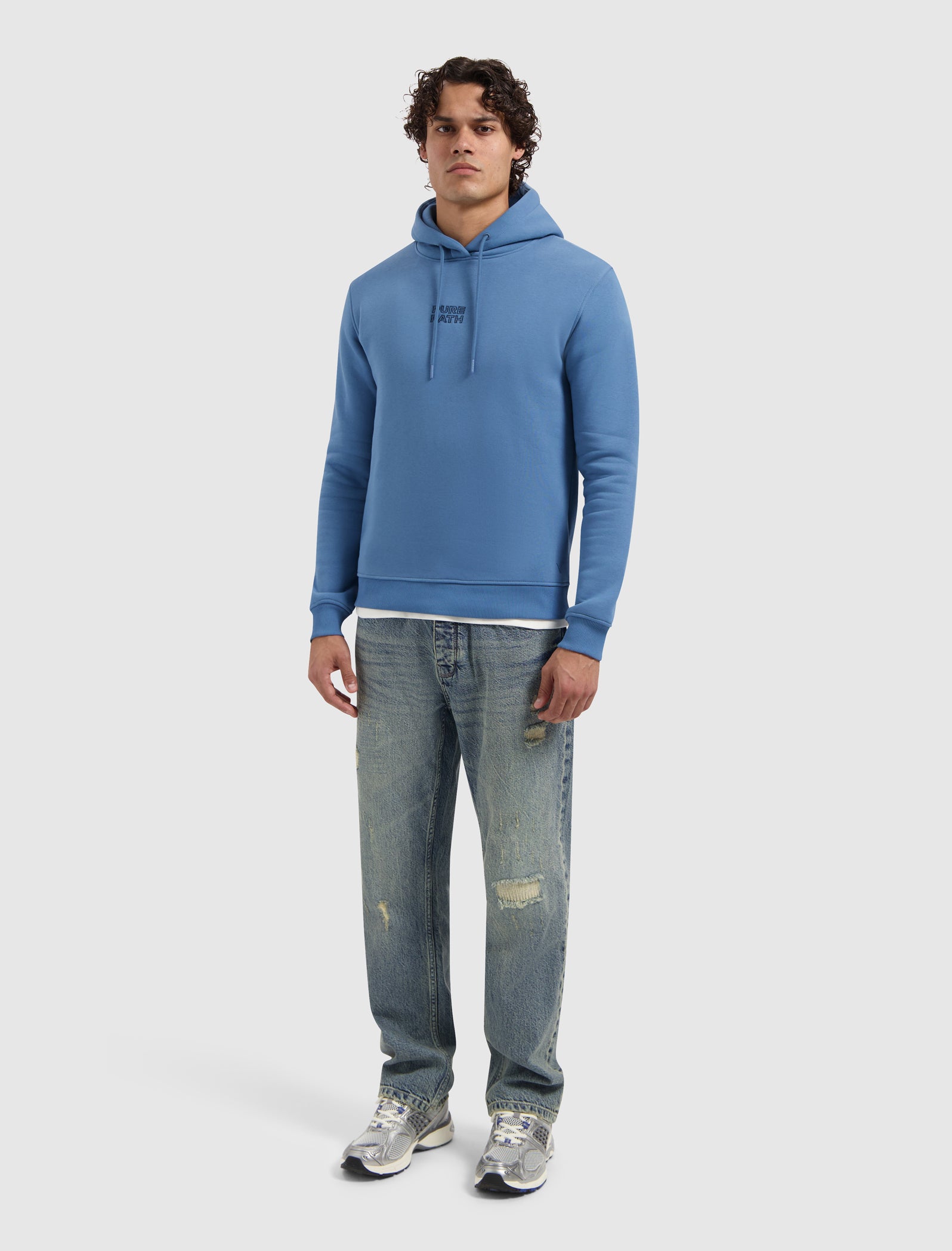 Stitched Floral Hoodie | Blue Grey