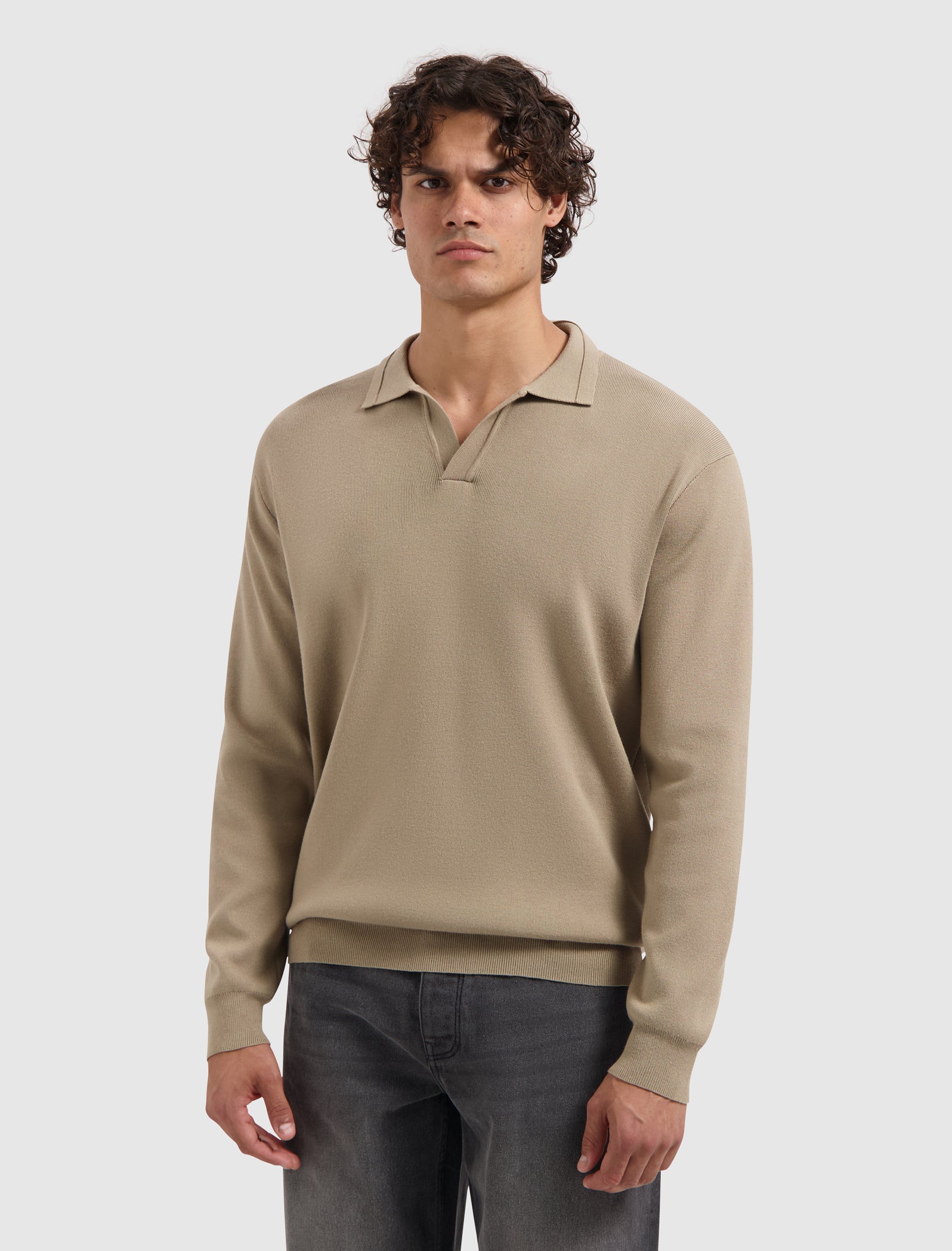 Buttonless Heavy Knit Polo | Taupe