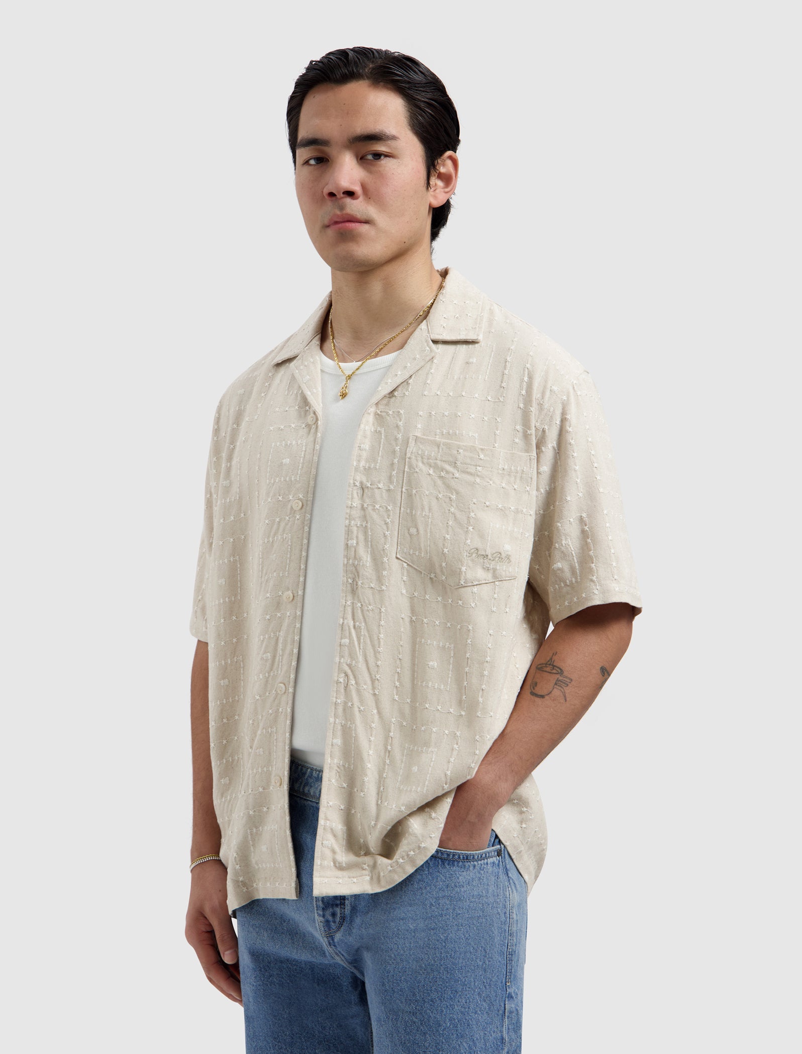 Squares Embroidery Shortsleeve Shirt | Sand