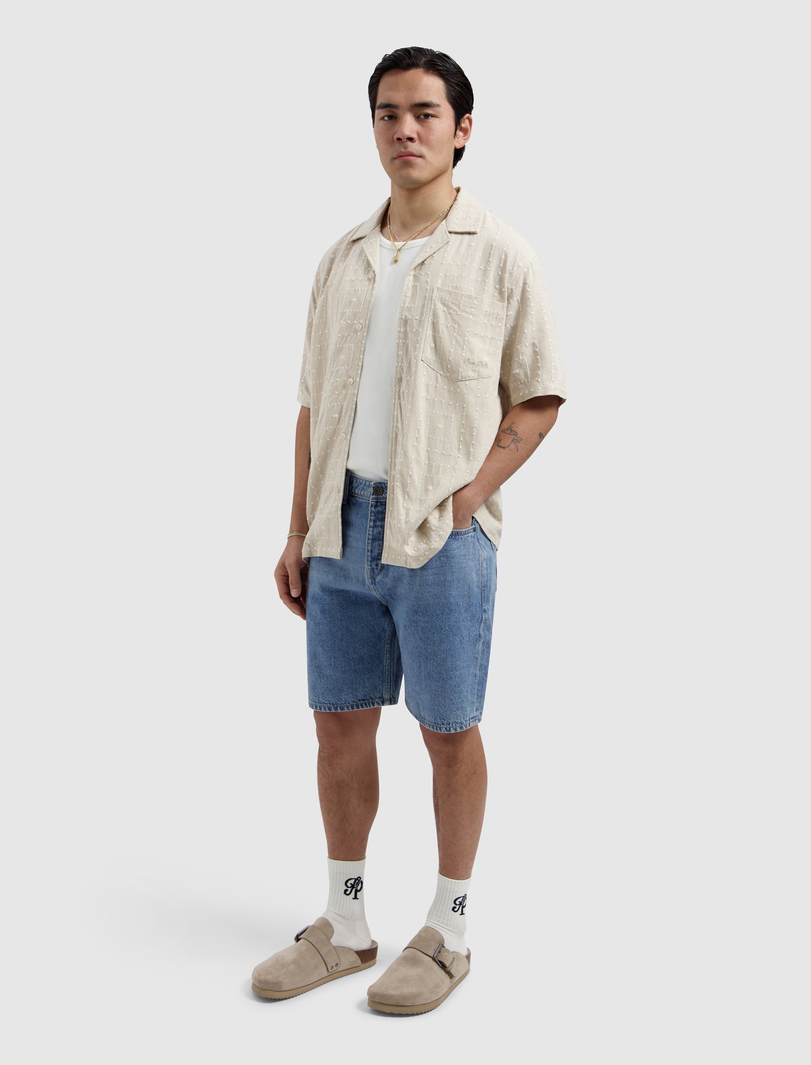 Squares Embroidery Shortsleeve Shirt | Sand