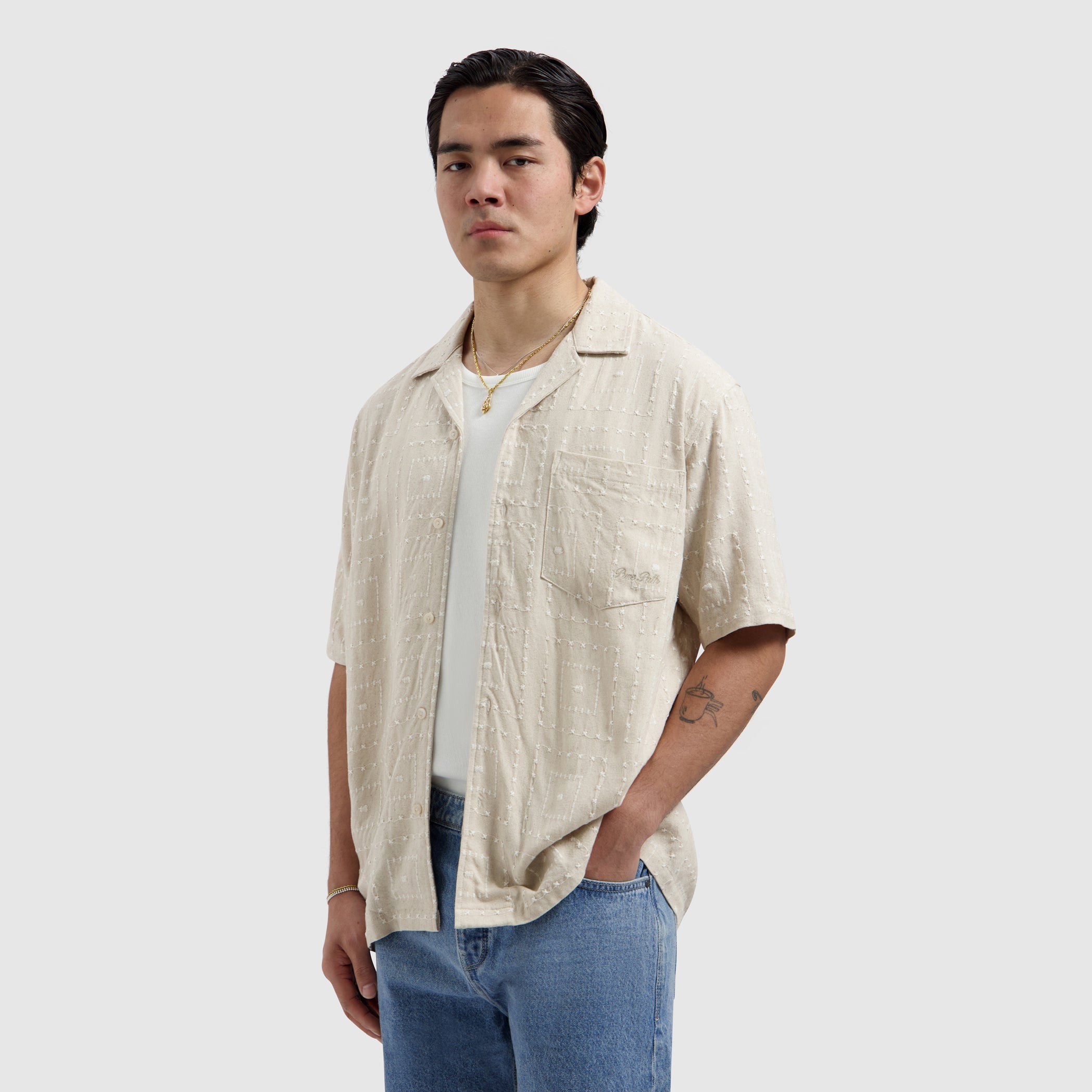 Squares Embroidery Shortsleeve Shirt | Sand