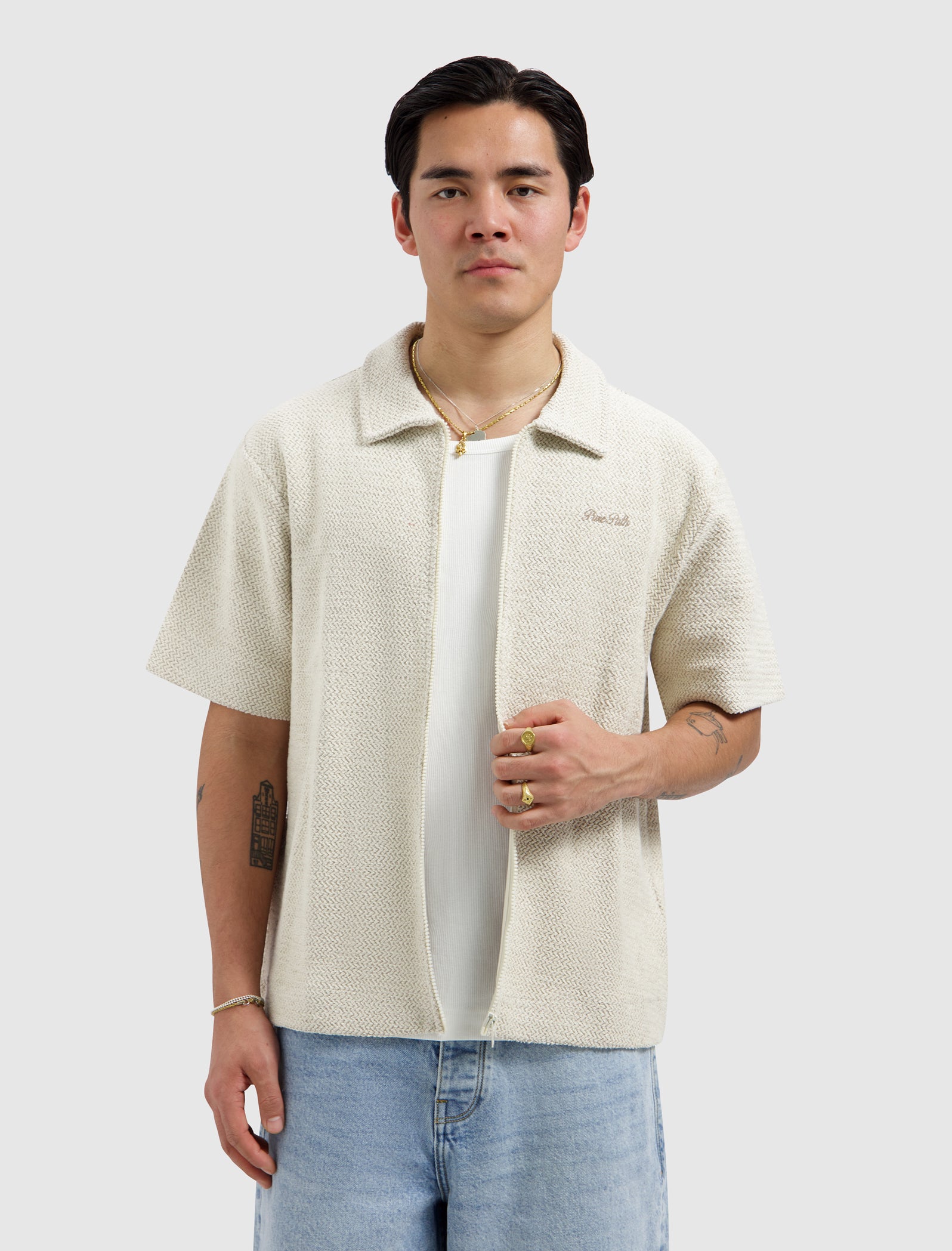 Jacquard Full-zip Shortsleeve Shirt | Ecru