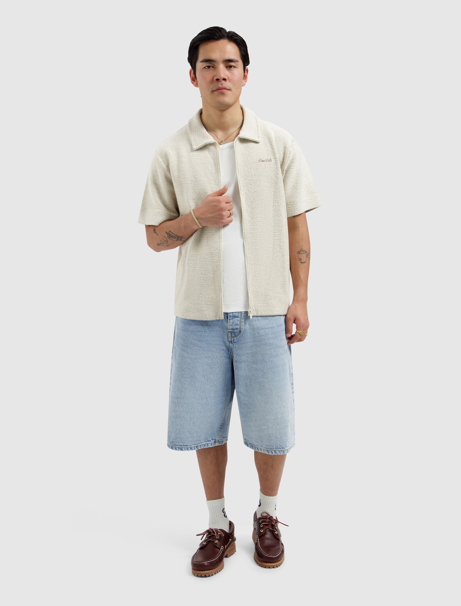 Jacquard Full-zip Shortsleeve Shirt | Ecru