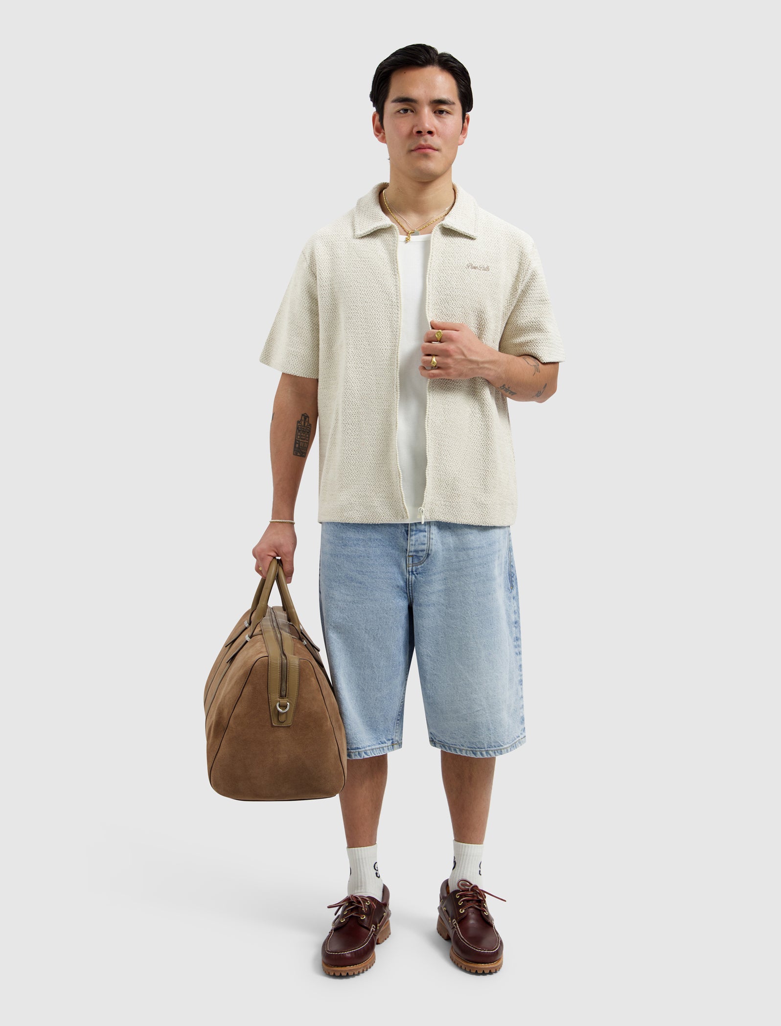 Jacquard Full-zip Shortsleeve Shirt | Ecru