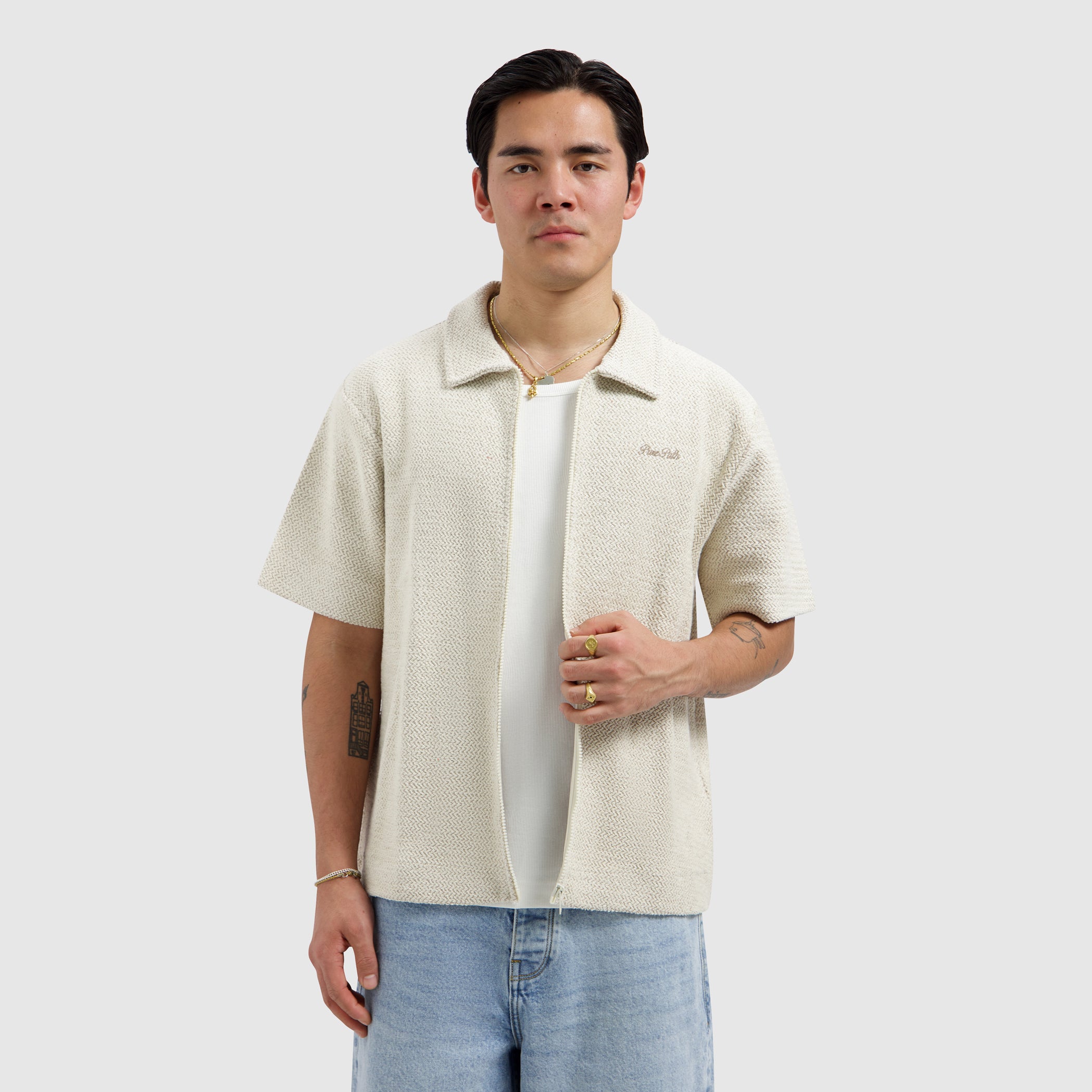Jacquard Full-zip Shortsleeve Shirt | Ecru