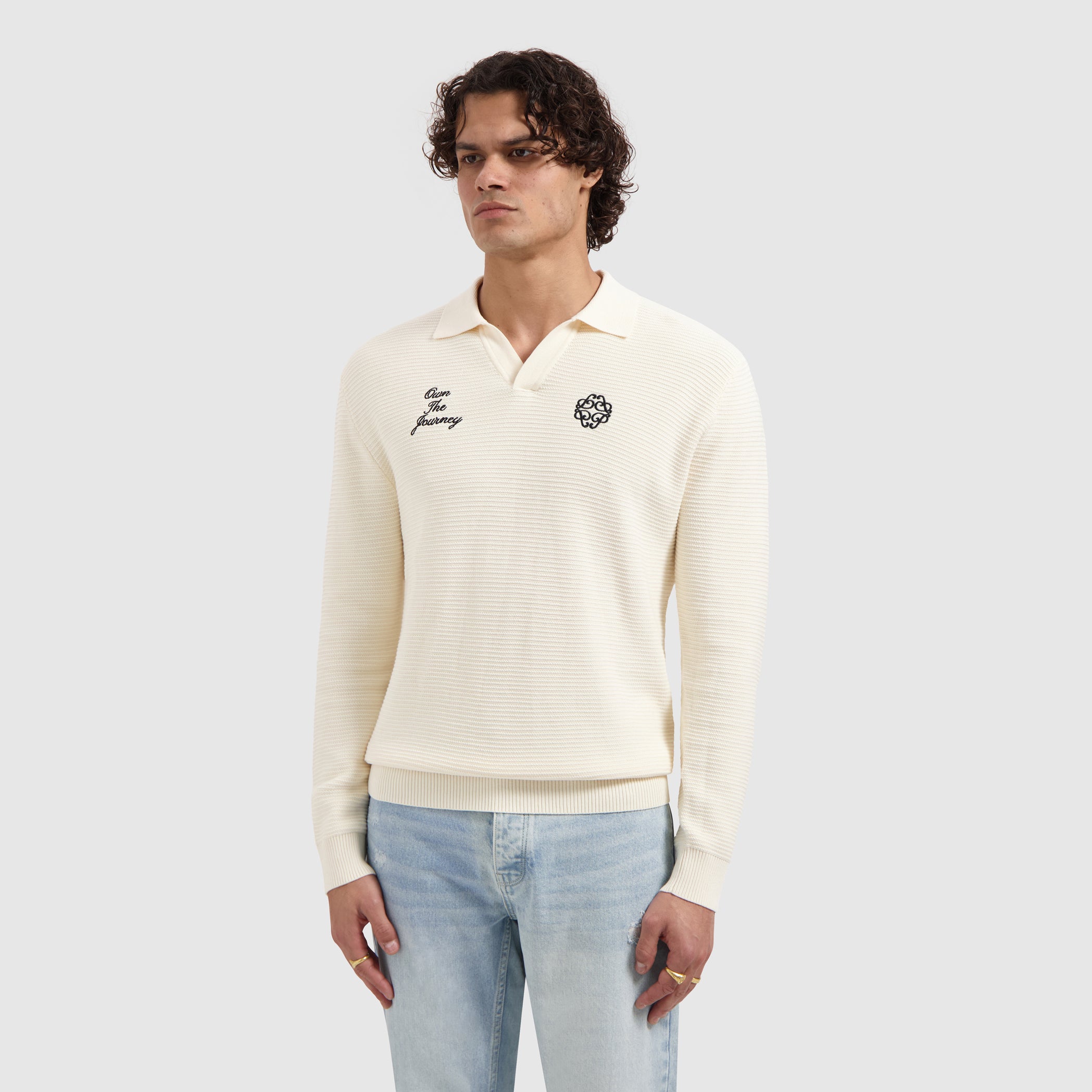 Embroidered Braided Knit Polo | Off White