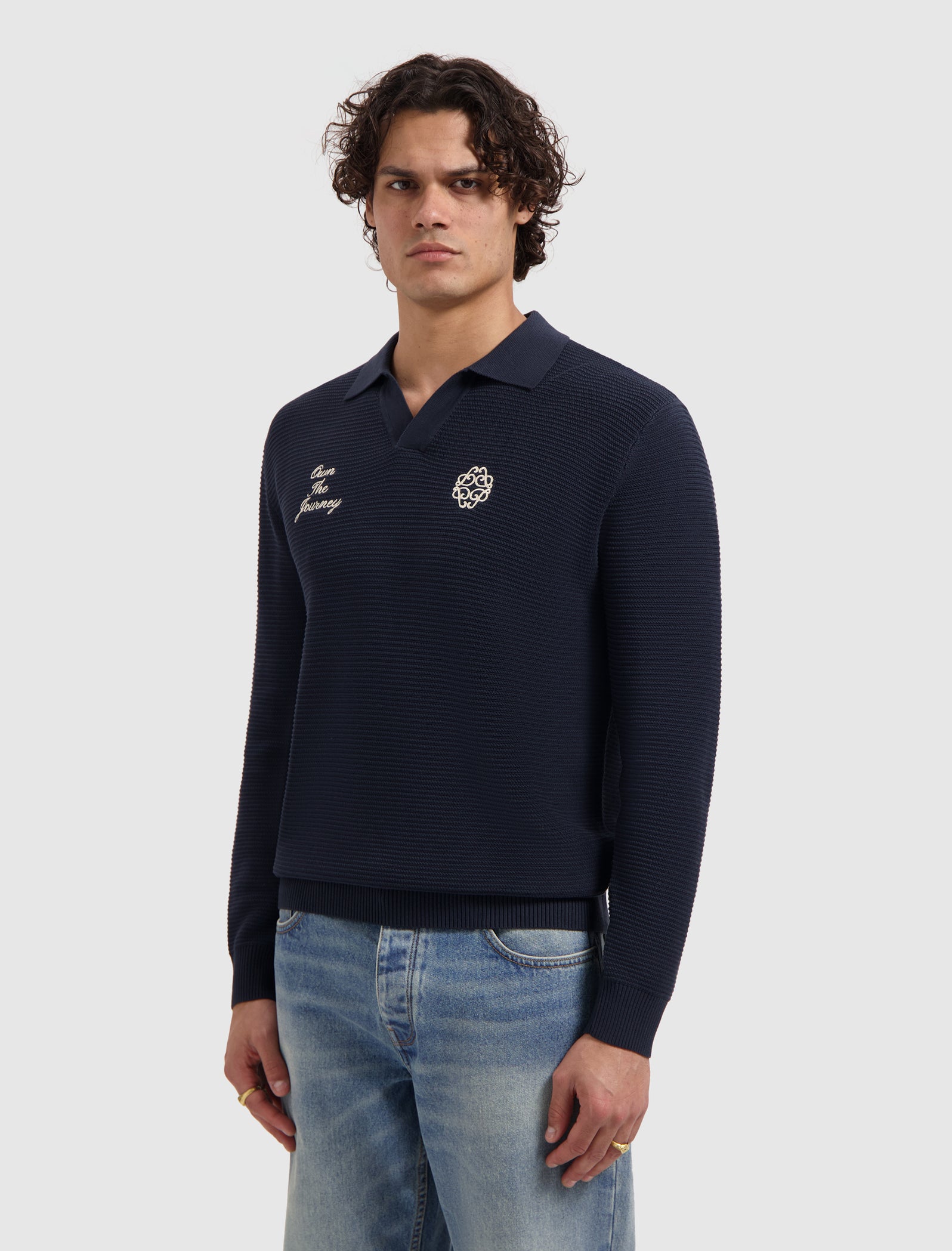 Embroidered Braided Knit Polo | Dark Navy