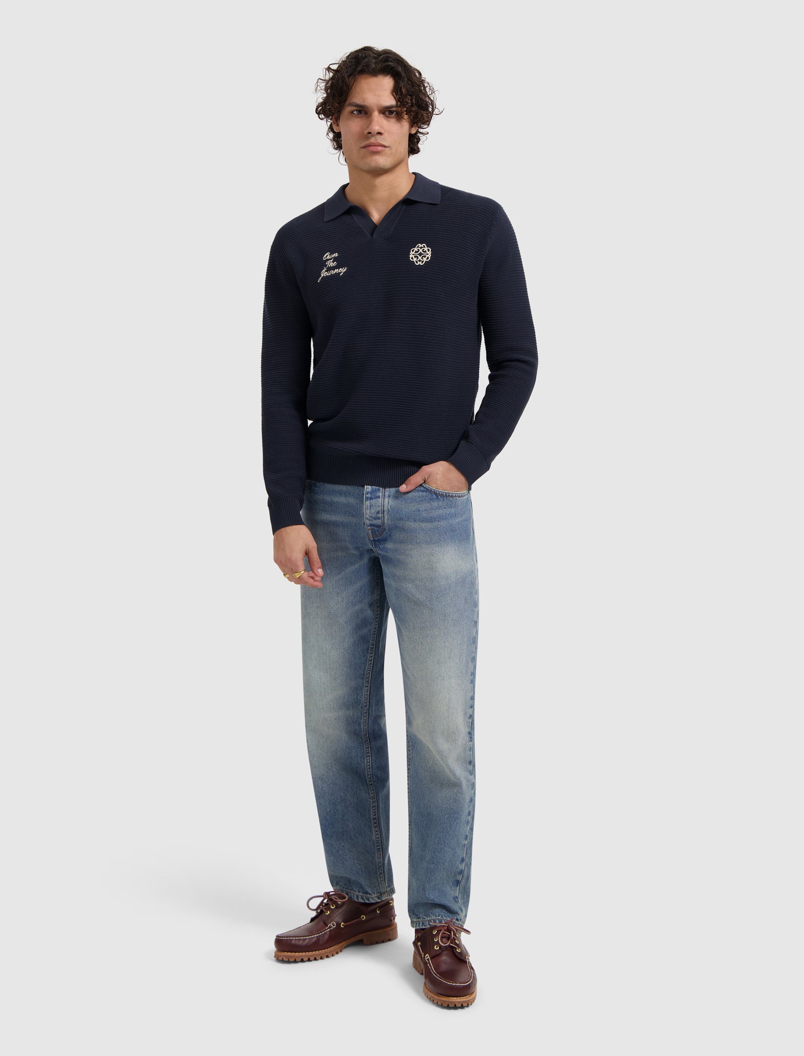 Embroidered Braided Knit Polo | Dark Navy