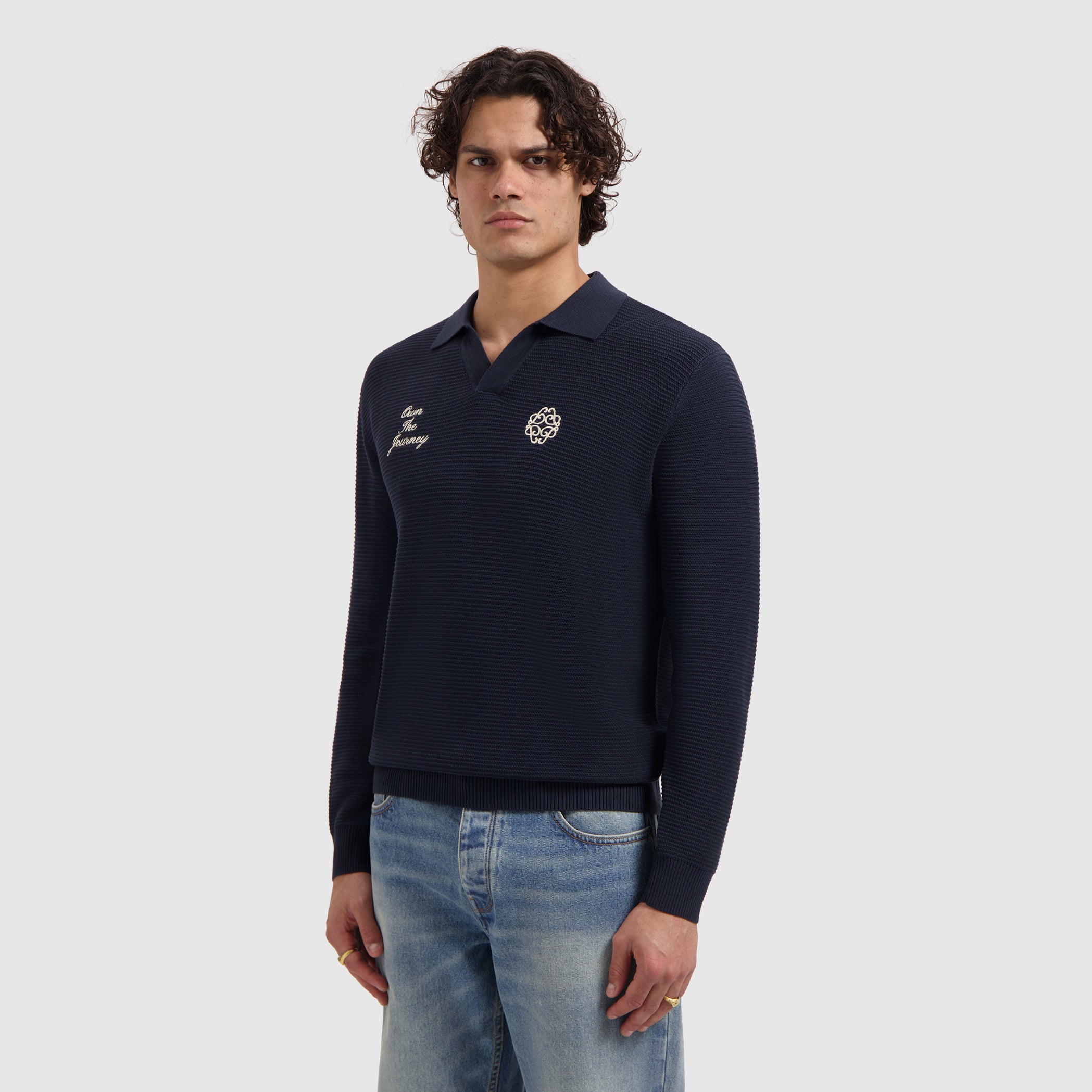 Embroidered Braided Knit Polo | Dark Navy