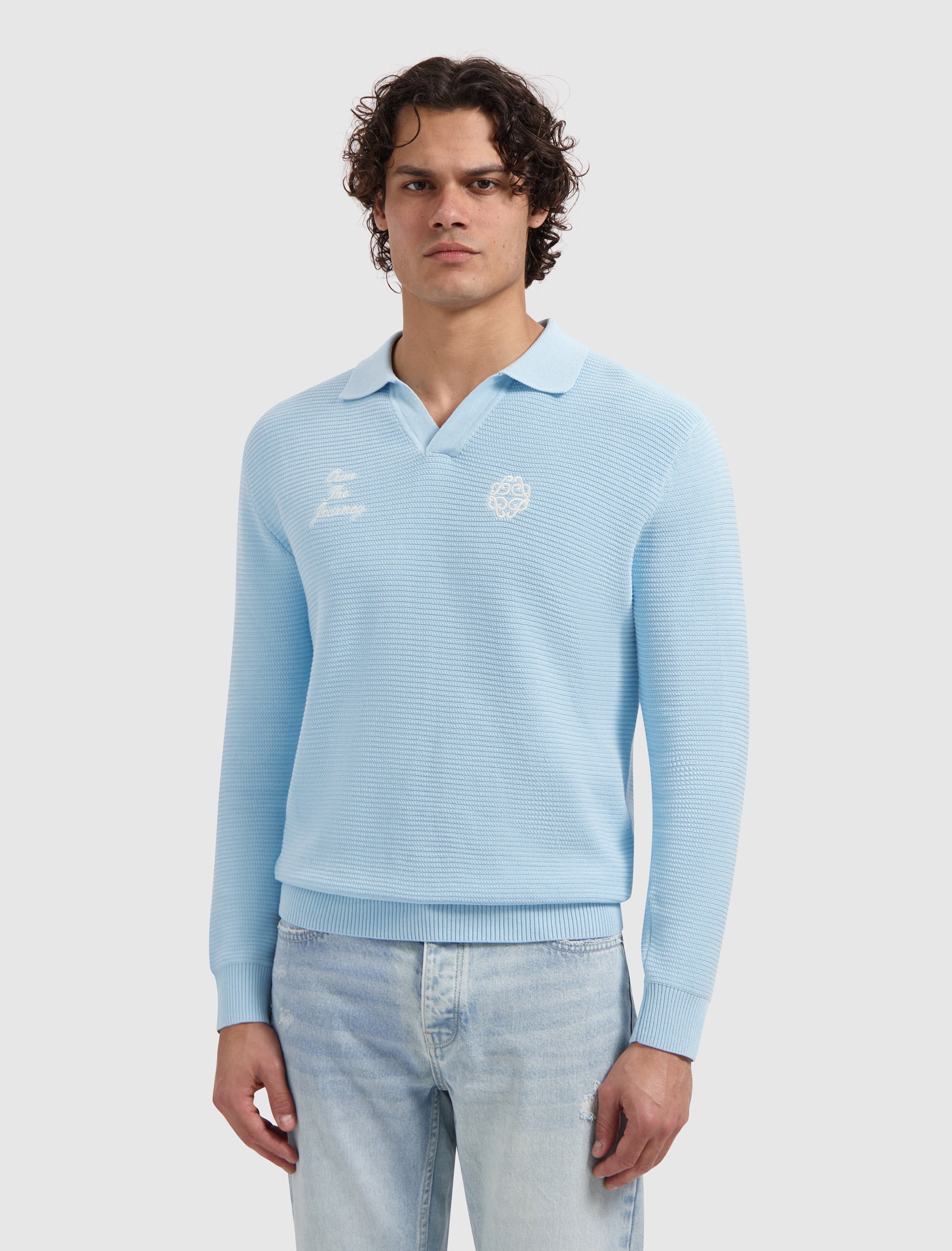 Embroidered Braided Knit Polo | Sky Blue