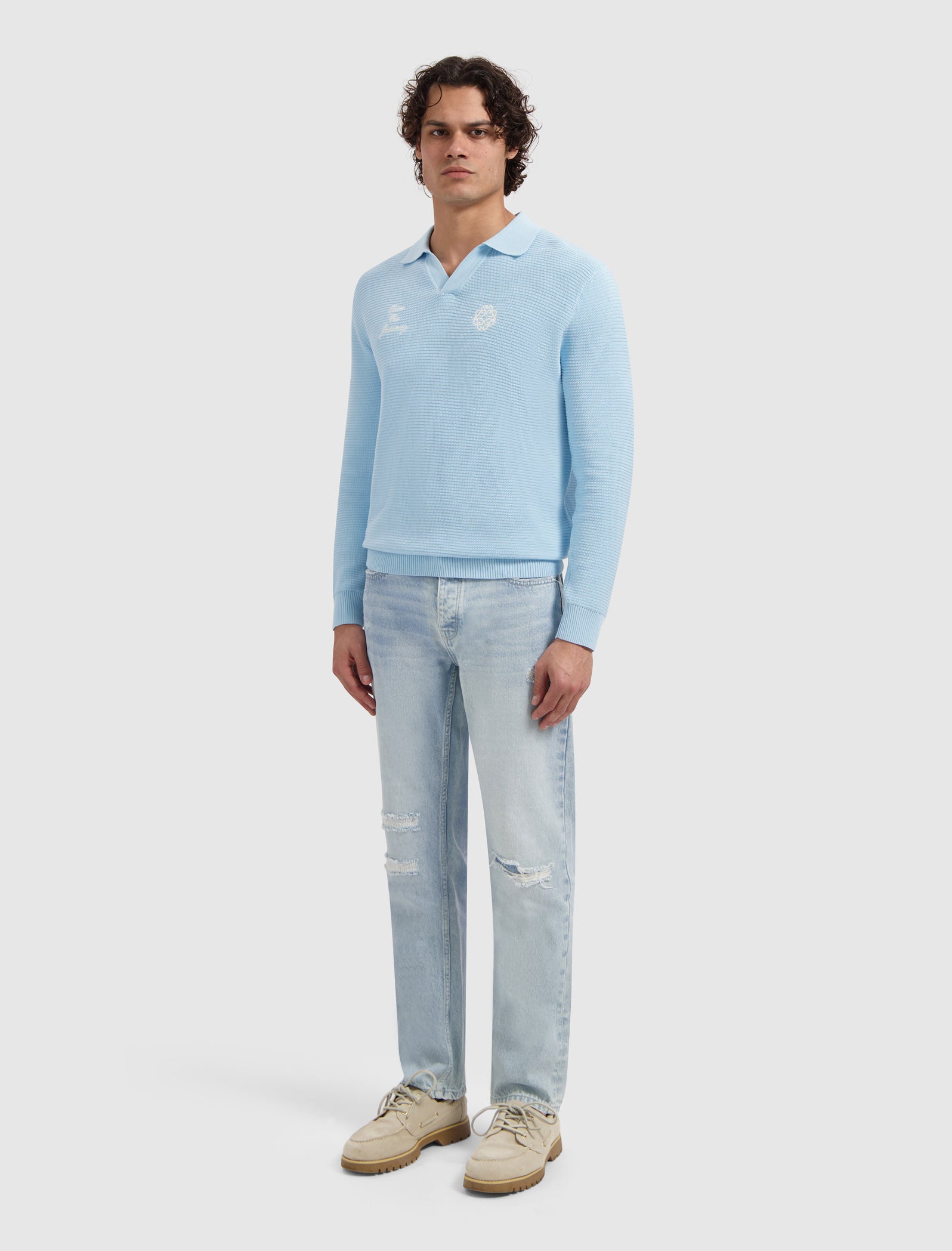 Embroidered Braided Knit Polo | Sky Blue