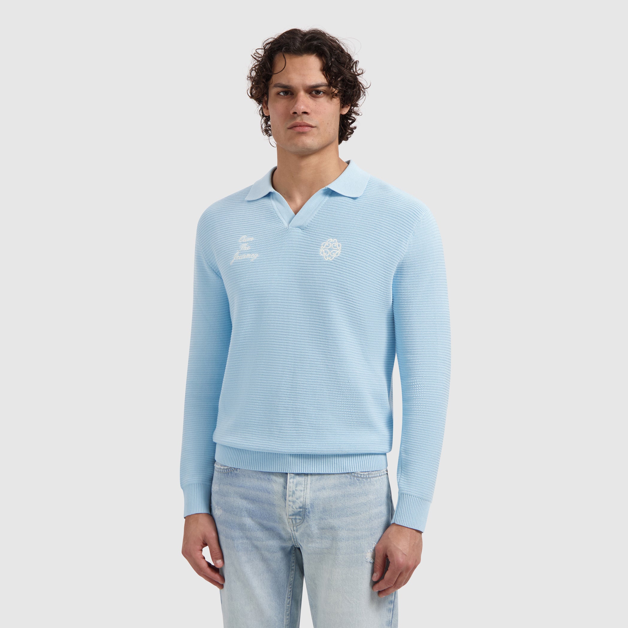 Embroidered Braided Knit Polo | Sky Blue