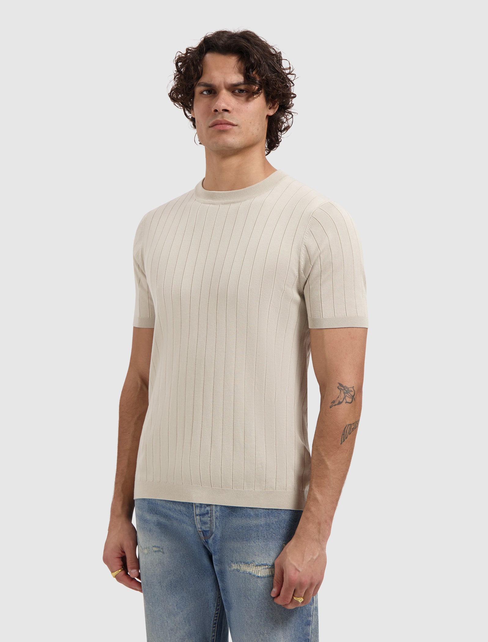 Drop-needle Knit T-shirt | Sand