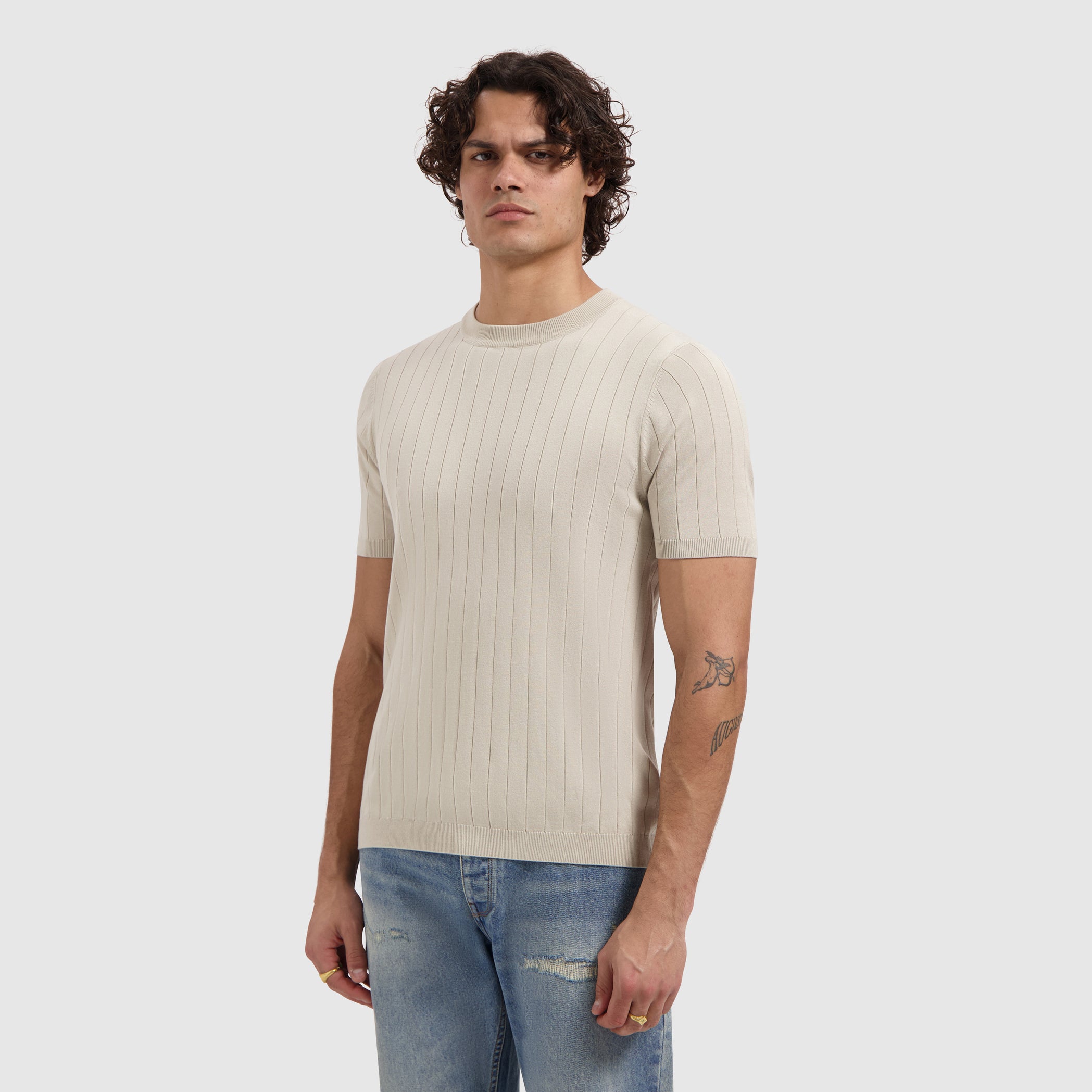 Drop-needle Knit T-shirt | Sand