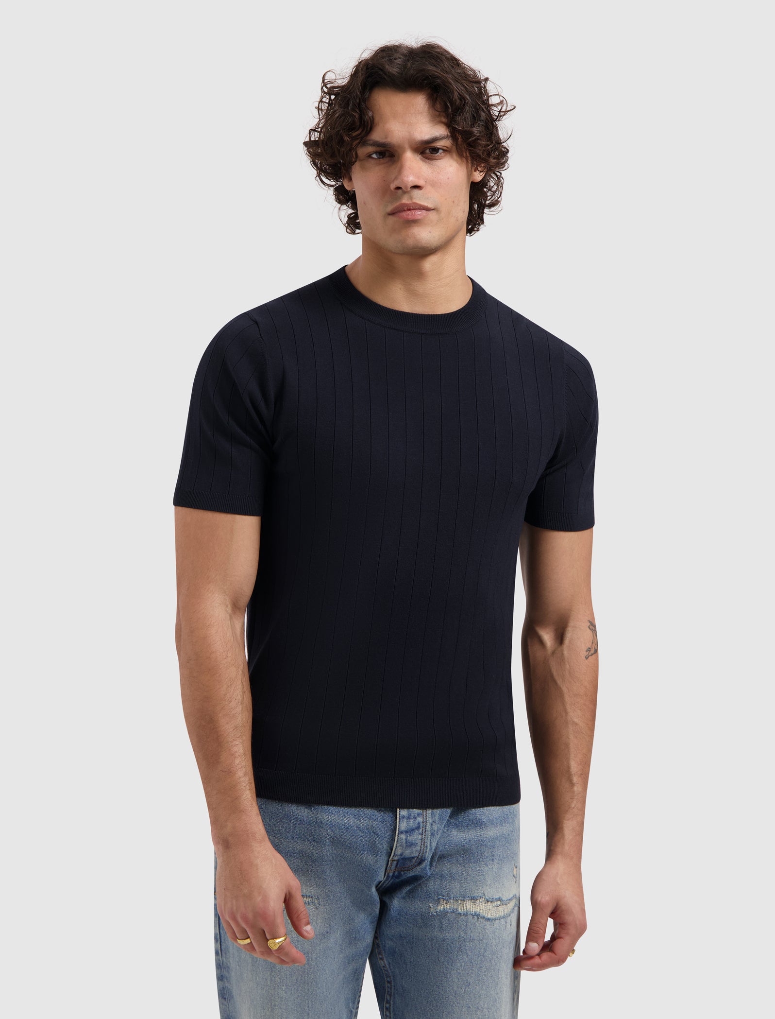 Drop-needle Knit T-shirt | Dark Navy