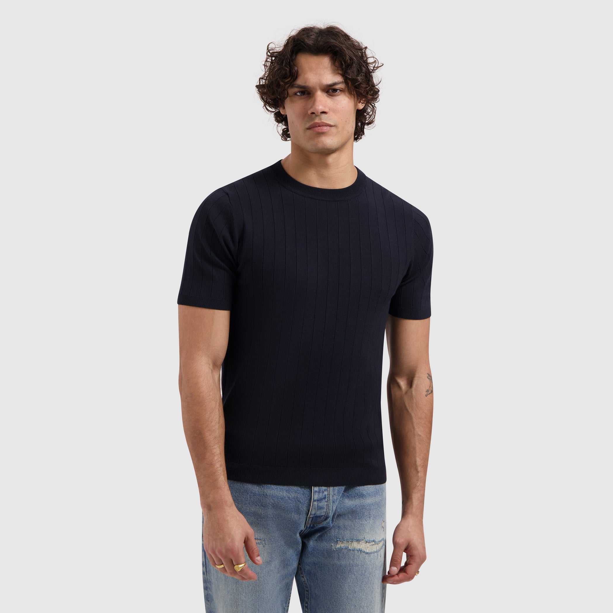 Drop-needle Knit T-shirt | Dark Navy