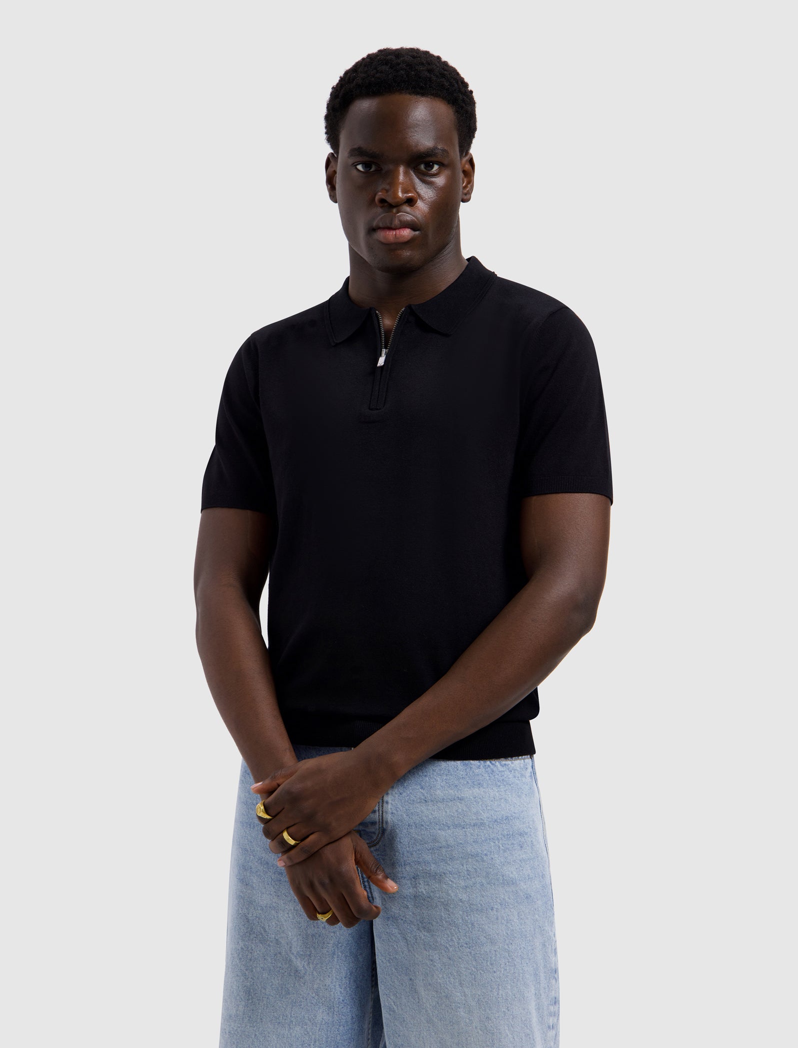 Half-zip Flat Knit Polo | Black
