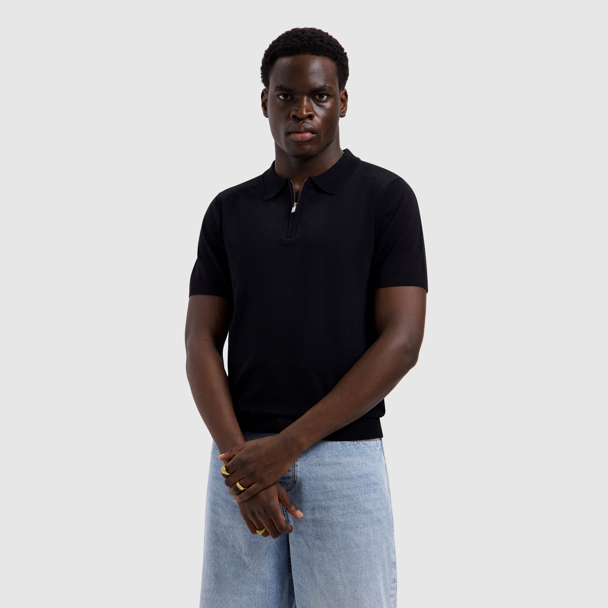 Half-zip Flat Knit Polo | Black