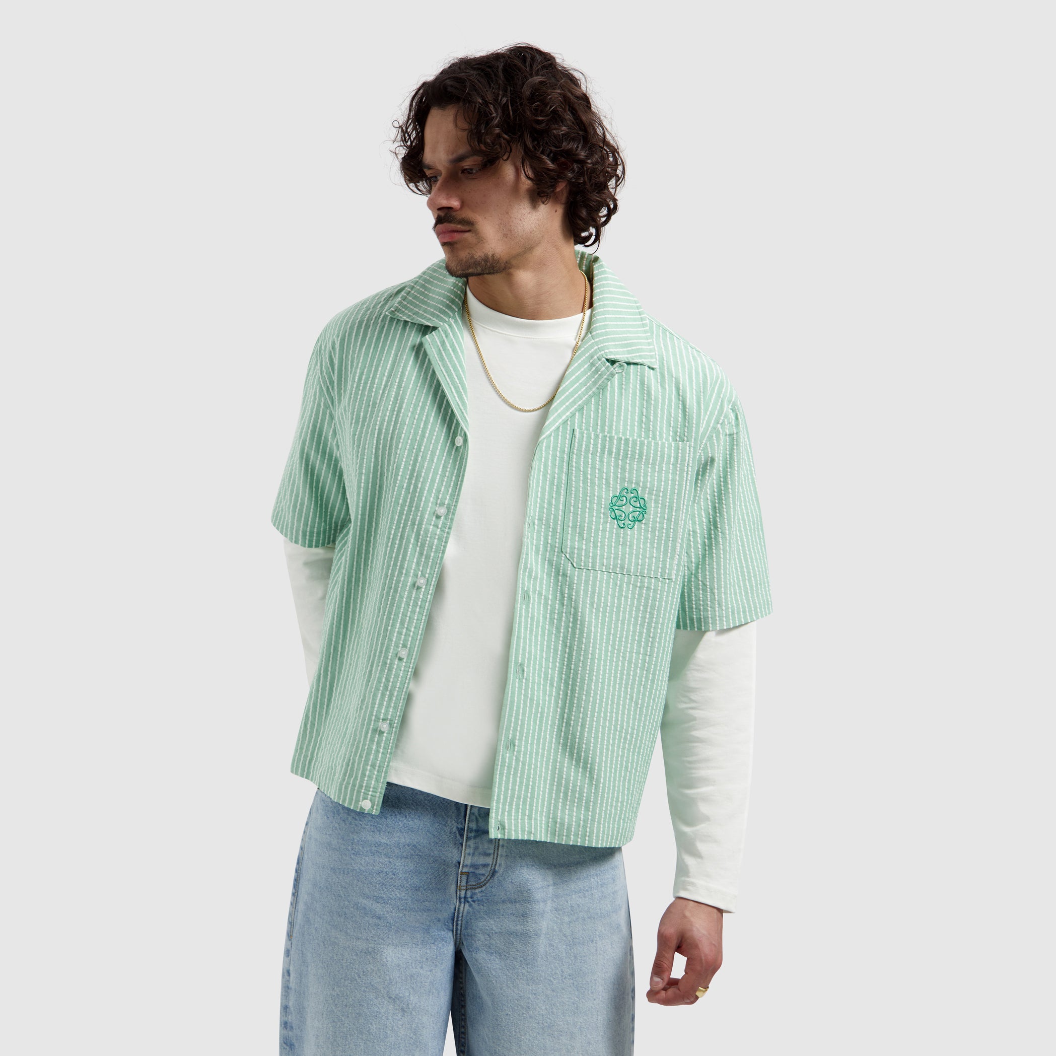Striped Seersucker Shortsleeve Shirt | Emerald